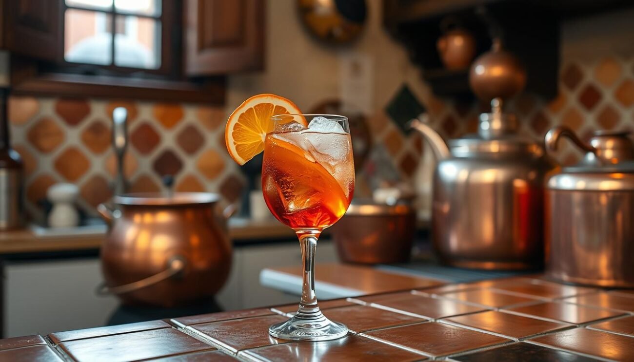 A classic Venetian Spritz with Cynar, a bittersweet Italian aperitif, served over ice in a glass with a slice of orange. The drink is set against a backdrop of a rustic Italian kitchen, with terracotta tiles, copper pots, and a glimpse of a window overlooking a picturesque canal. The lighting is warm and inviting, casting a soft glow on the glass and its contents. The overall mood is one of relaxation and conviviality, capturing the essence of the Venetian aperitivo tradition. A classic Venetian Spritz with Cynar, a bittersweet Italian aperitif, served over ice in a glass with a slice of orange. The drink is set against a backdrop of a rustic Italian kitchen, with terracotta tiles, copper pots, and a glimpse of a window overlooking a picturesque canal. The lighting is warm and inviting, casting a soft glow on the glass and its contents. The overall mood is one of relaxation and conviviality, capturing the essence of the Venetian aperitivo tradition.