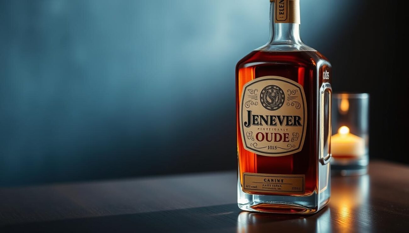 A classic bottle of Jenever Oude, the traditional Dutch spirit, sits on a dark wooden table. The amber liquid glows in the soft, warm lighting, casting a gentle reflection on the surface. The bottle's label, with its distinctive design and vintage typography, hints at the spirit's rich history and artisanal production. In the background, a hazy blue-gray gradient suggests the tranquil atmosphere of a cozy bar or tasting room, where connoisseurs might savor the complex flavors of this time-honored distillate. The overall composition captures the timeless elegance and allure of this iconic Dutch liquor.