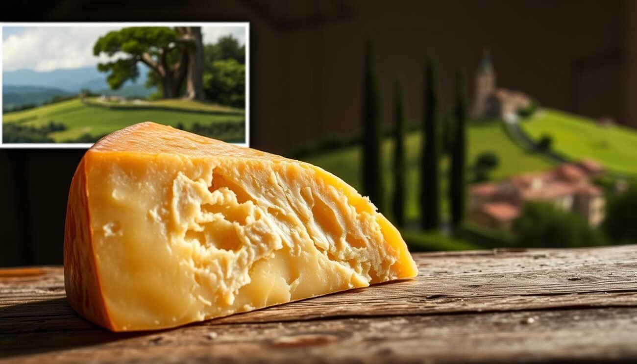 A classic wedge of Parmigiano Reggiano cheese, its golden-brown rind and rich, crumbly interior perfectly illuminated by soft, natural lighting. The wheel rests on a rustic wooden surface, its intricate patterns and textures echoing the centuries-old tradition of this renowned Italian delicacy. In the background, a vignette of a picturesque Italian countryside scene, with rolling hills, cypress trees, and a distant village spire. The overall composition evokes a sense of timeless elegance and the storied heritage of this iconic 'King of Cheeses'. A classic wedge of Parmigiano Reggiano cheese, its golden-brown rind and rich, crumbly interior perfectly illuminated by soft, natural lighting. The wheel rests on a rustic wooden surface, its intricate patterns and textures echoing the centuries-old tradition of this renowned Italian delicacy. In the background, a vignette of a picturesque Italian countryside scene, with rolling hills, cypress trees, and a distant village spire. The overall composition evokes a sense of timeless elegance and the storied heritage of this iconic 'King of Cheeses'.