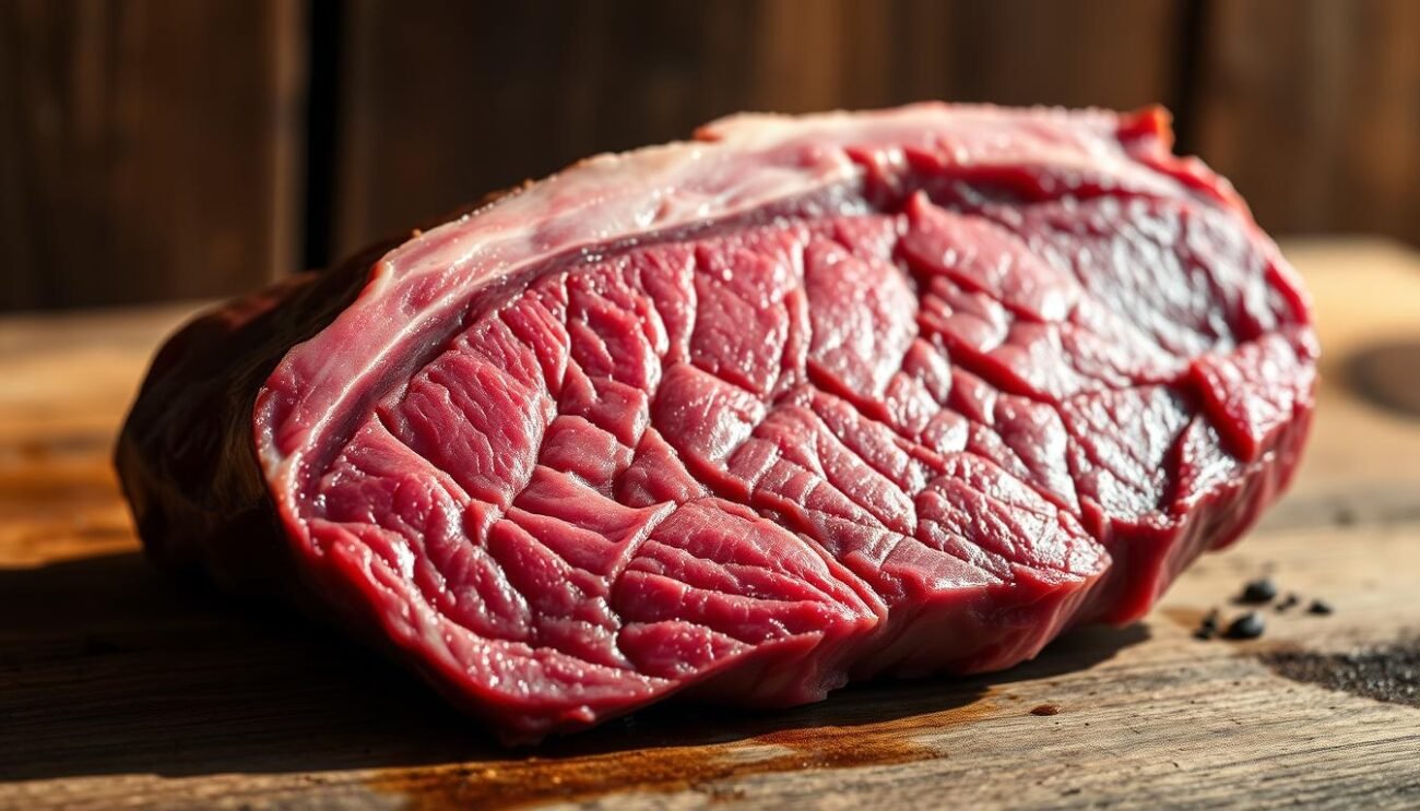 A close-up of a succulent slice of prime beef, its rich marbling glistening under the soft, natural lighting. The meat is positioned against a rustic wooden backdrop, hinting at its provenance from a traditional Italian countryside farm. The image conveys a sense of quality, craftsmanship, and the care taken in the animal's rearing and slaughter. Subtle shadows cast by the meat create depth and dimensionality, while the warm, earthy tones evoke a sense of tradition and authenticity. The overall composition and mood aim to visually represent the careful interpretation of age information on meat labels, as discussed in the article section.