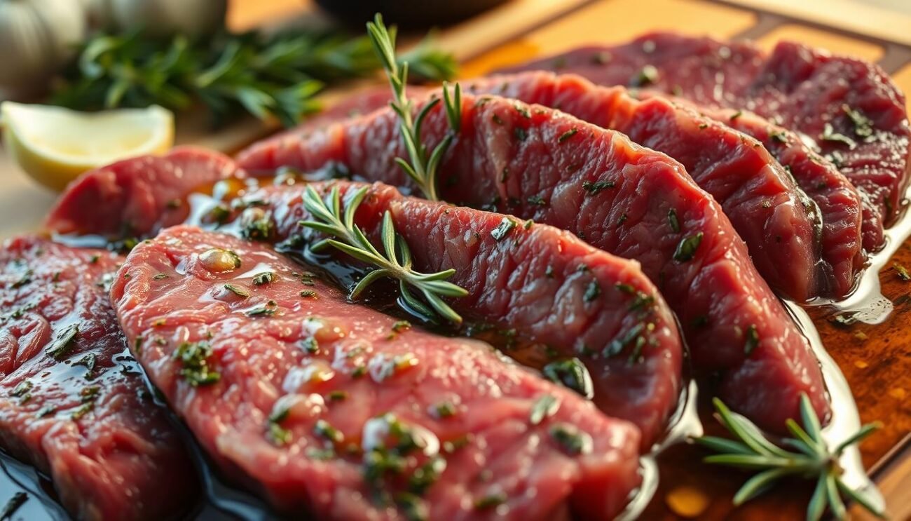 A close-up of sliced beef marinating in a mixture of herbs, spices, and olive oil. The meat glistens under soft, warm lighting, revealing the deep red hue and delicate marbling. The marinade, composed of garlic, rosemary, thyme, and a splash of red wine, surrounds the tender beef, creating an inviting blend of aromas. In the background, a wooden cutting board and a rustic Italian kitchen setting provide a natural, earthy atmosphere, complementing the artisanal preparation. The scene evokes the essence of Italian culinary tradition, where attention to detail and the quality of ingredients are paramount in the pursuit of exceptional flavor. A close-up of sliced beef marinating in a mixture of herbs, spices, and olive oil. The meat glistens under soft, warm lighting, revealing the deep red hue and delicate marbling. The marinade, composed of garlic, rosemary, thyme, and a splash of red wine, surrounds the tender beef, creating an inviting blend of aromas. In the background, a wooden cutting board and a rustic Italian kitchen setting provide a natural, earthy atmosphere, complementing the artisanal preparation. The scene evokes the essence of Italian culinary tradition, where attention to detail and the quality of ingredients are paramount in the pursuit of exceptional flavor.