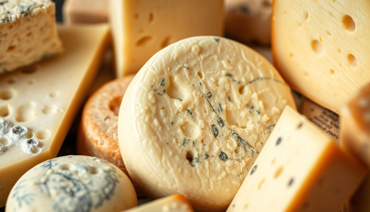 A close-up of various types of cheese, each with a distinct texture and color, arranged in a visually appealing manner. The cheeses are well-lit, showcasing their natural beauty and highlighting the intricate patterns and veins that define their unique character. The camera angle is slightly elevated, creating a sense of depth and emphasizing the cheeses' sculptural qualities. The background is subtly blurred, maintaining the focus on the cheese. The overall mood is one of artistry and culinary appreciation, reflecting the "noble proteins" that contribute to the satiating and muscle-supporting properties of these dairy delicacies.