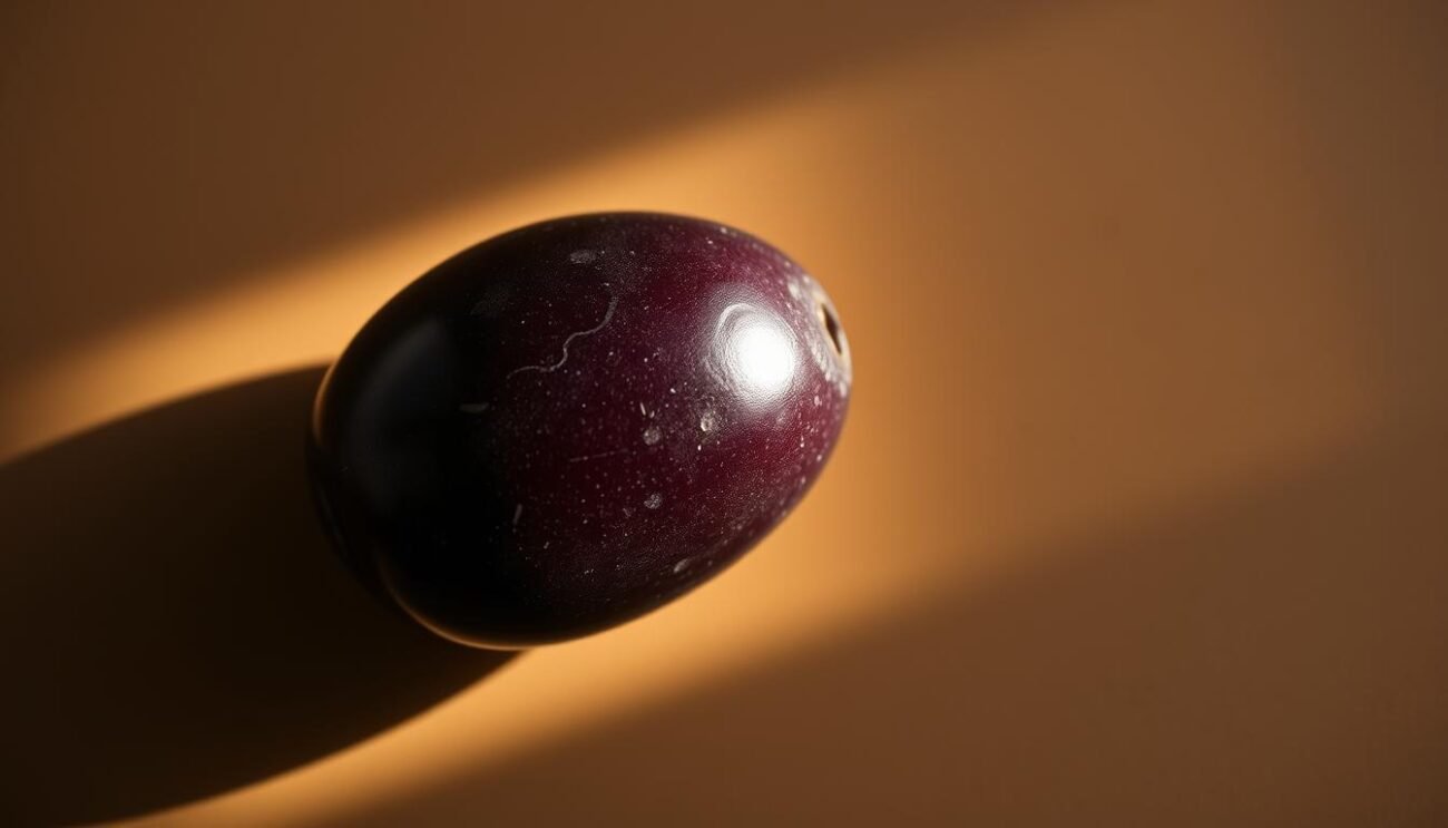 A close-up photograph of a single olive taggiasca, showcasing its distinctive oval shape, deep purple-black skin, and smooth, glossy texture. The olive is illuminated from the side, casting soft shadows that accentuate its natural curves and the intricate patterns on its surface. The background is a muted, earthy tone, allowing the olive to take center stage and command the viewer's attention. The lighting is warm and natural, creating a sense of depth and dimension, and highlighting the olive's vibrant color and healthy, glistening appearance. A close-up photograph of a single olive taggiasca, showcasing its distinctive oval shape, deep purple-black skin, and smooth, glossy texture. The olive is illuminated from the side, casting soft shadows that accentuate its natural curves and the intricate patterns on its surface. The background is a muted, earthy tone, allowing the olive to take center stage and command the viewer's attention. The lighting is warm and natural, creating a sense of depth and dimension, and highlighting the olive's vibrant color and healthy, glistening appearance.