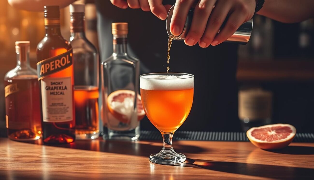 A close-up shot of a bartender's hands preparing an Aperol Vulcano cocktail. On a wooden bar top, there is a glass filled with ice, a bottle of Aperol, a bottle of smoky mezcal, a juiced grapefruit half, and a cocktail shaker. The bartender's hands are precisely measuring and pouring the ingredients, creating a layered, vivid orange and amber-colored drink with a thick frothy grapefruit foam on top. Soft, warm lighting illuminates the scene, casting dramatic shadows and highlighting the vibrant hues of the ingredients. The overall mood is one of artisanal craft, attention to detail, and the anticipation of an immersive flavor experience.