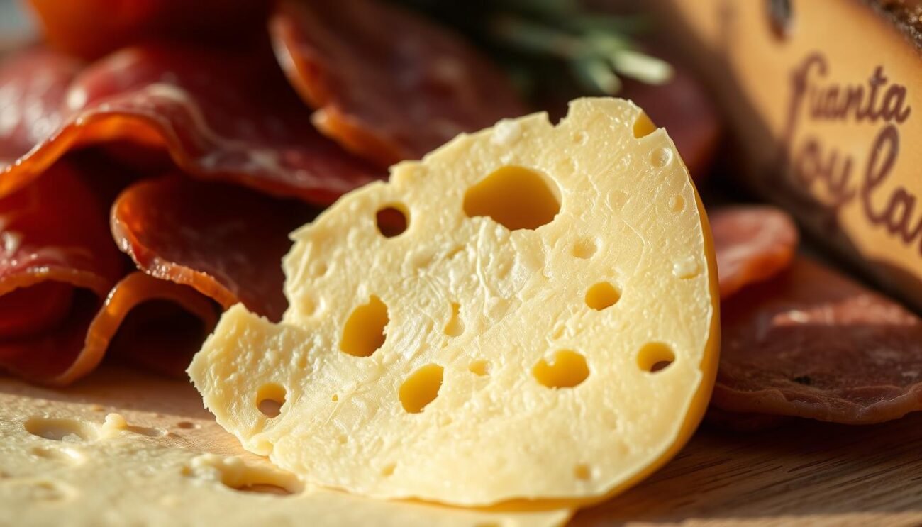 A close-up shot of a delicate, paper-thin slice of Raspadüra Lodigiana, a unique artisanal cheese from the Lodi region of Italy. The slice is nestled against a backdrop of cured meats, showcasing the interplay of the cheese's flaky texture and the savory flavors of the salumi. Warm, natural lighting illuminates the scene, highlighting the golden hues and intricate patterns of the Raspadüra. The composition emphasizes the simplicity and elegance of this traditional regional speciality, inviting the viewer to savor its distinct and refined taste.