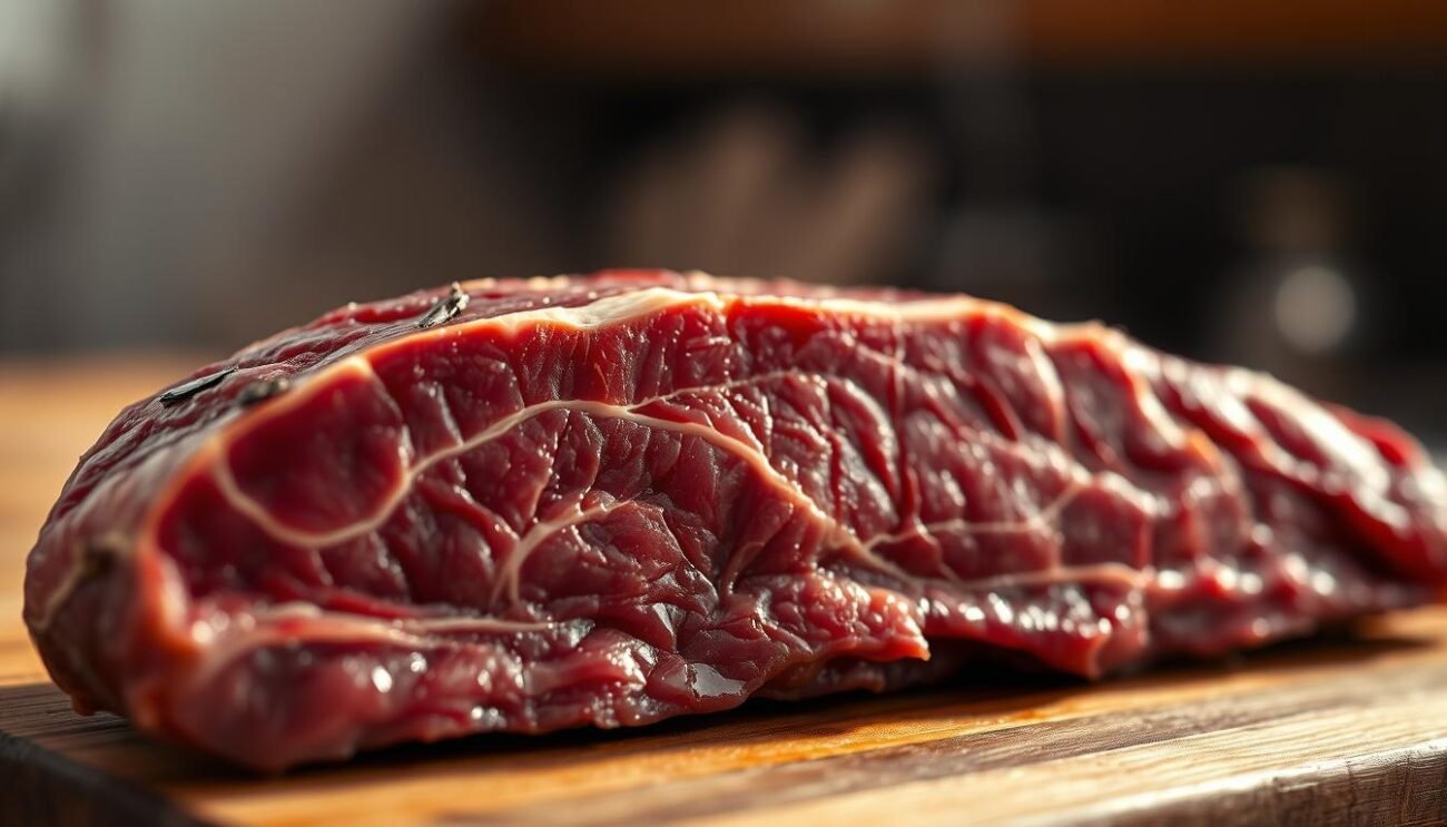 A close-up shot of a perfectly aged, glistening slab of carne frollata. The meat's deep crimson hue is complemented by the delicate marbling that laces through it, a testament to the careful mastering of the frollatura process. Soft, supple to the touch, the surface reflects the warm, gentle lighting that bathes the scene, casting a golden glow and accentuating the meat's natural beauty. The background fades into a hazy, out-of-focus blur, allowing the viewer to focus solely on the star of the image - the carne frollata, a true culinary masterpiece.