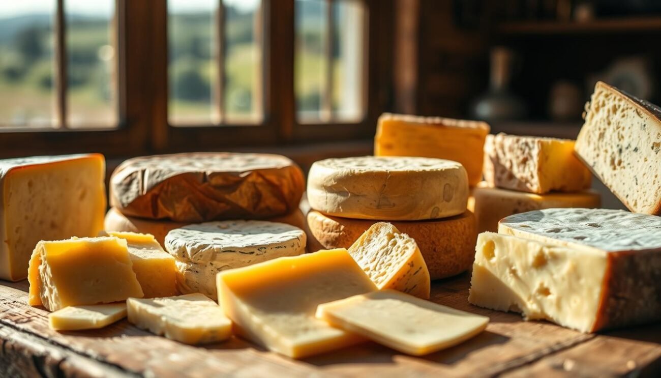 A close-up shot of a variety of Italian cheeses, including soft creamy cheeses, hard aged cheeses, and semi-soft cheeses, arranged on a rustic wooden surface. The cheeses are photographed in natural lighting, creating warm, diffuse shadows that highlight their unique textures and colors. In the background, a blurred Italian countryside landscape can be seen through a window, hinting at the origins of these traditional dairy products. The overall mood is one of artisanal craftsmanship and the flavorful richness of Italian cuisine.