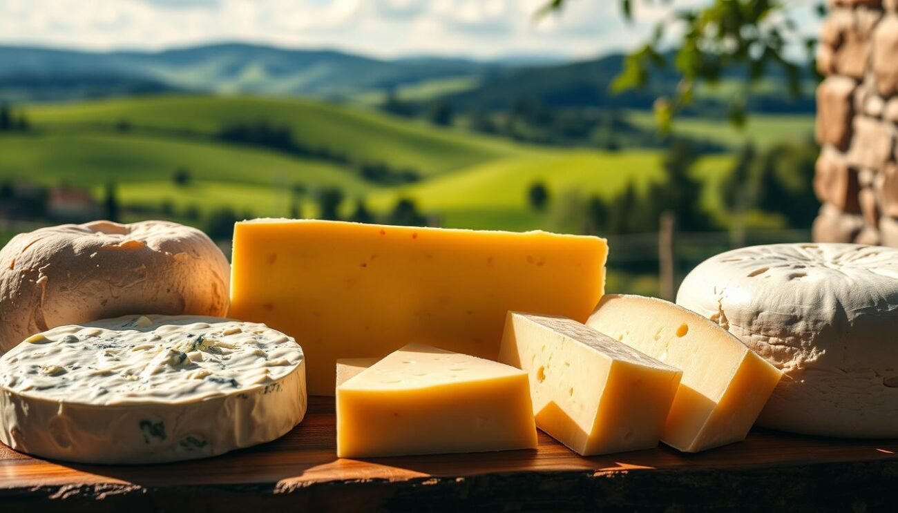 A close-up shot of a variety of artisanal Italian cheeses, including Gorgonzola, Parmesan, and Mozzarella, arranged on a rustic wooden board. The cheeses are illuminated by warm, natural lighting, casting soft shadows and highlighting their rich, creamy textures. In the background, a lush, green landscape with rolling hills and a clear, blue sky is visible, creating a serene and inviting atmosphere. The overall composition emphasizes the unexpected health benefits of these traditional Italian cheeses, reflecting the "Benefici Inaspettati dei Formaggi sulla Salute" section of the article. A close-up shot of a variety of artisanal Italian cheeses, including Gorgonzola, Parmesan, and Mozzarella, arranged on a rustic wooden board. The cheeses are illuminated by warm, natural lighting, casting soft shadows and highlighting their rich, creamy textures. In the background, a lush, green landscape with rolling hills and a clear, blue sky is visible, creating a serene and inviting atmosphere. The overall composition emphasizes the unexpected health benefits of these traditional Italian cheeses, reflecting the "Benefici Inaspettati dei Formaggi sulla Salute" section of the article.