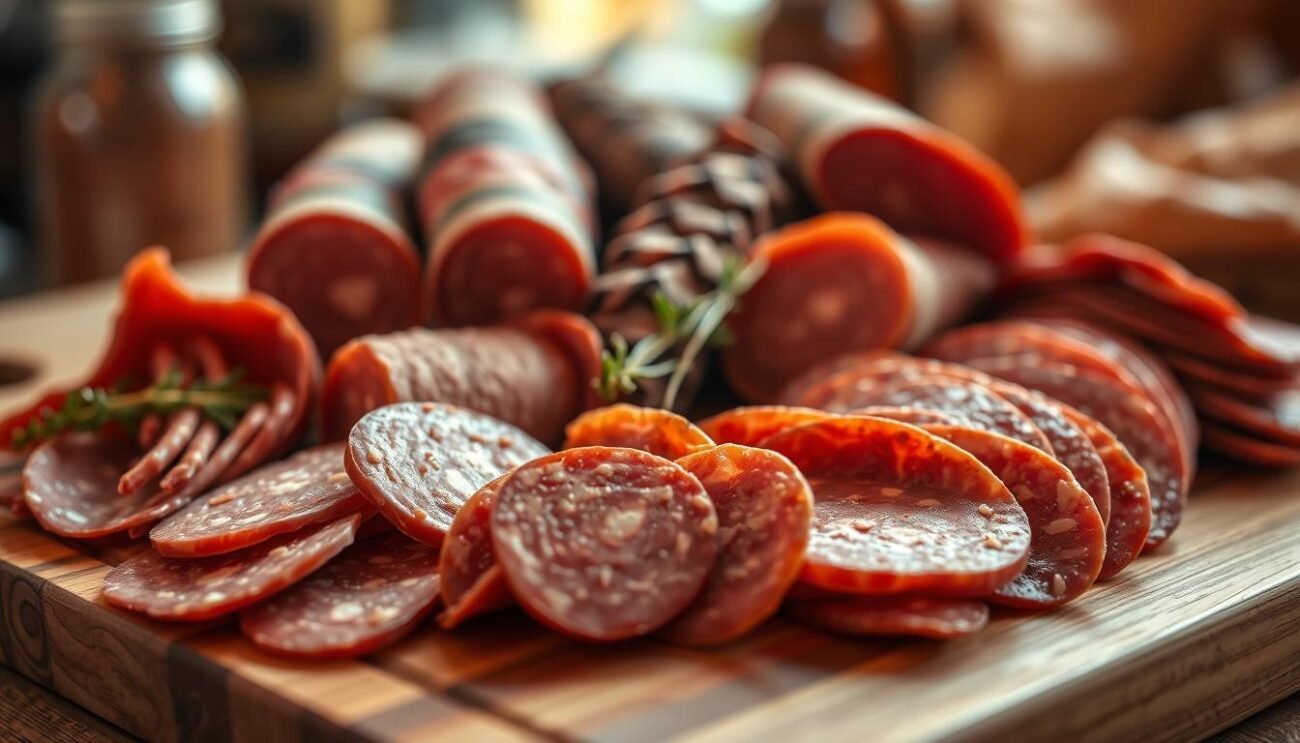 A close-up shot of a variety of processed meats, including salami, prosciutto, and mortadella, on a wooden cutting board. The arrangement is visually appealing, with the meats displayed in an organized and appetizing manner. The lighting is warm and natural, highlighting the rich colors and textures of the cured meats. The background is slightly blurred, creating a sense of depth and focus on the central subject. The overall mood is one of artisanal craftsmanship and the culinary traditions of Italy. A close-up shot of a variety of processed meats, including salami, prosciutto, and mortadella, on a wooden cutting board. The arrangement is visually appealing, with the meats displayed in an organized and appetizing manner. The lighting is warm and natural, highlighting the rich colors and textures of the cured meats. The background is slightly blurred, creating a sense of depth and focus on the central subject. The overall mood is one of artisanal craftsmanship and the culinary traditions of Italy.
