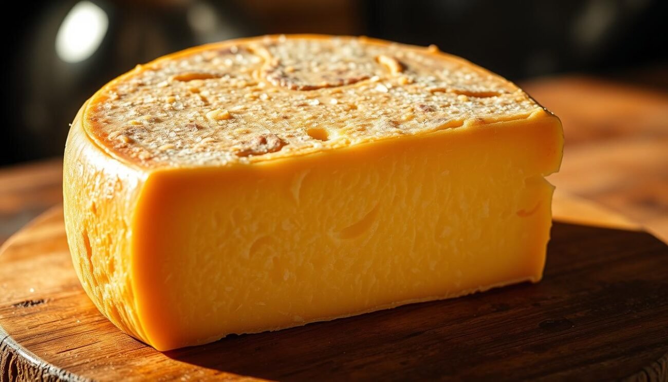 A close-up shot of a wedge of Parmigiano Reggiano cheese, its golden-brown rind textured and aged, sitting atop a rustic wooden surface. The cheese's interior reveals a dense, granular structure, glistening with tiny salt crystals. The lighting is warm and soft, casting gentle shadows that accentuate the cheese's sculptural form. The background is blurred, allowing the viewer to focus on the intricate details and the rich, nutty aroma of this authentic Italian staple. This image captures the essence of the Parmigiano Reggiano, a classic ingredient in the traditional Erbazzone Reggiano.