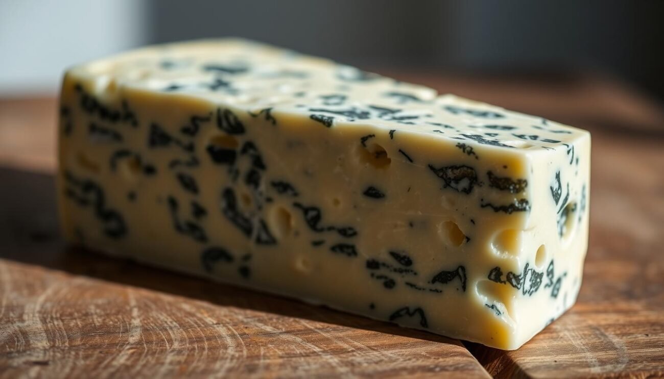 A close-up shot of a wedge of gorgonzola cheese, showcasing its distinctive blue veins and creamy texture. The cheese is placed on a rustic wooden surface, with a soft, natural lighting casting gentle shadows that highlight the cheese's rich, complex coloration. The background is blurred, creating a focus on the cheese and its nutritional composition. The overall mood is one of artisanal craftsmanship and the beauty of natural, wholesome ingredients.