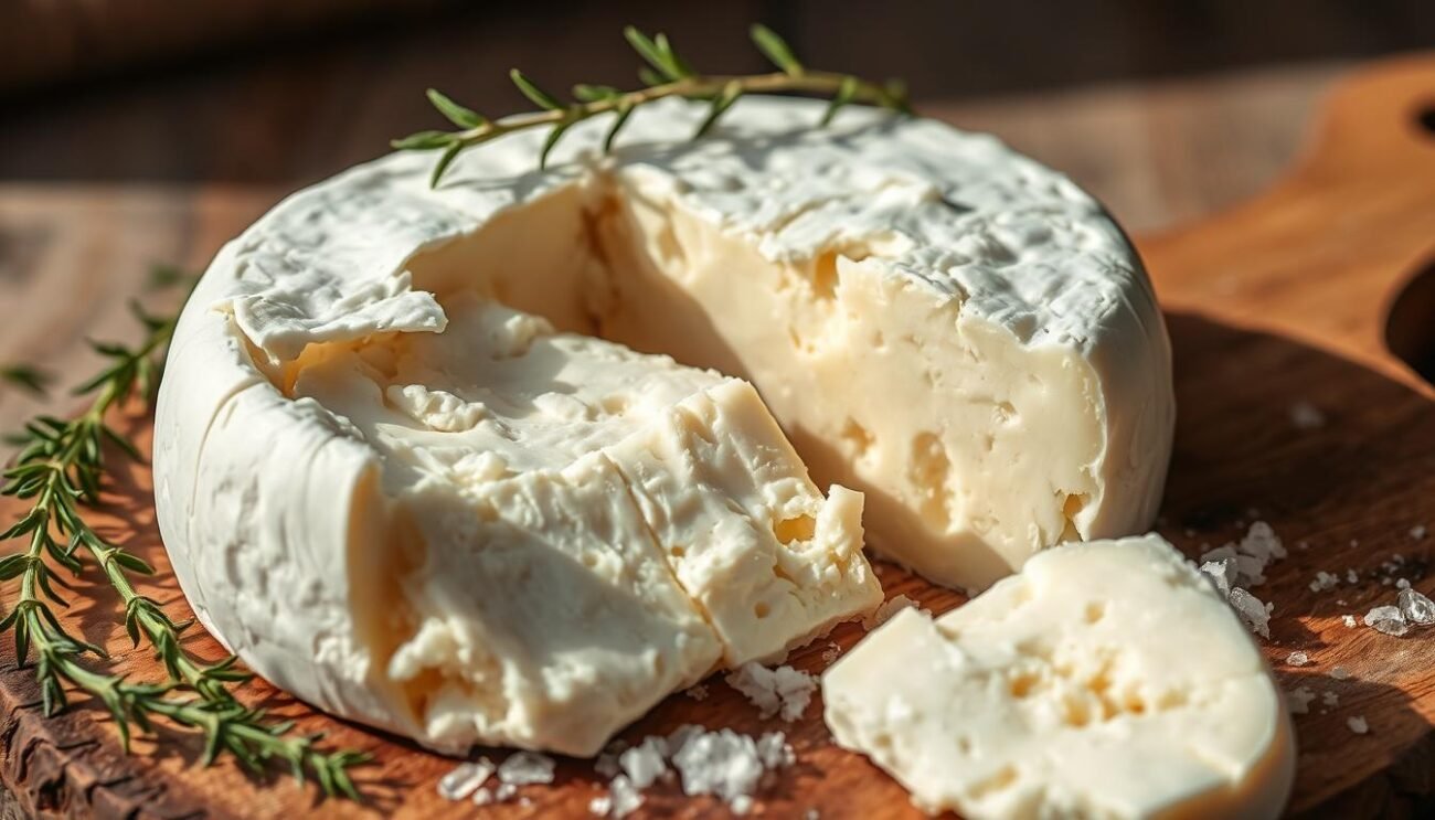 A close-up shot of an artisanal goat cheese wheel, its creamy white rind gently craclking and revealing the rich, silky interior. The cheese is nestled on a rustic wooden board, surrounded by sprigs of fresh thyme and a scattering of coarse sea salt. Soft, natural lighting casts warm shadows, highlighting the cheese's sumptuous texture and the subtle veining within. The overall impression is one of authenticity, quality, and the artisanal tradition of Italian cheesemaking. A close-up shot of an artisanal goat cheese wheel, its creamy white rind gently craclking and revealing the rich, silky interior. The cheese is nestled on a rustic wooden board, surrounded by sprigs of fresh thyme and a scattering of coarse sea salt. Soft, natural lighting casts warm shadows, highlighting the cheese's sumptuous texture and the subtle veining within. The overall impression is one of authenticity, quality, and the artisanal tradition of Italian cheesemaking.