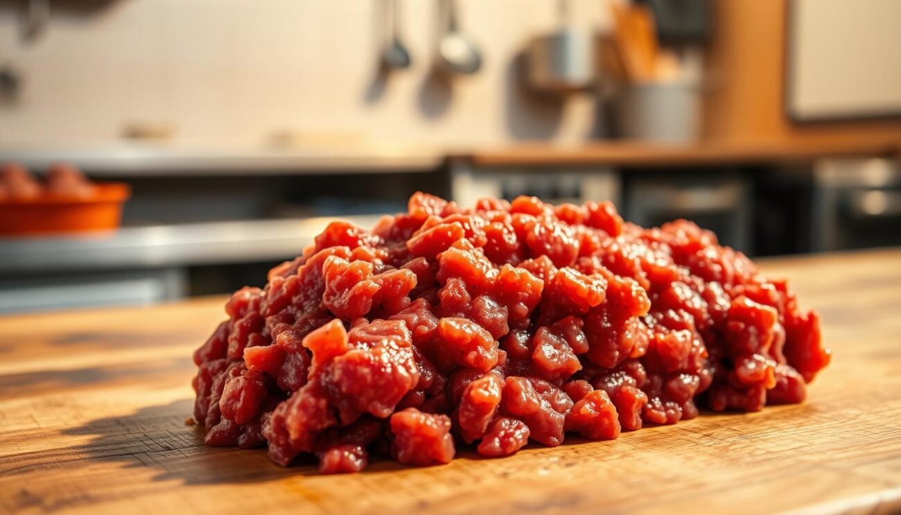 A close-up shot of freshly ground beef on a wooden surface, the texture of the meat glistening under warm, directional lighting. The mince appears finely and evenly chopped, with a deep, rich color that suggests high quality. In the background, a blurred kitchen environment provides context, hinting at the production process. The lighting creates a sense of depth and three-dimensionality, highlighting the tactile qualities of the meat. Overall, the image conveys the care and attention that goes into the production of high-quality ground beef, reflecting the title "Il Processo di Produzione della Carne Macinata".