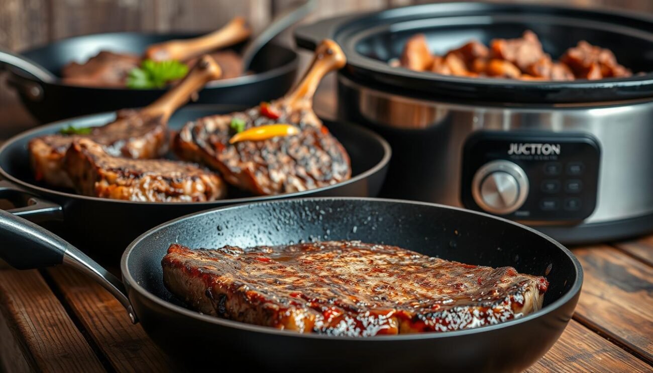 A close-up shot of various cooking methods for different cuts of meat, showcased on a rustic wooden surface. In the foreground, a skillet sizzles with a juicy steak, its edges perfectly caramelized. Behind it, a pan roasts tender lamb chops, their aroma filling the air. In the background, a slow-cooker simmers with a hearty beef stew, the meat falling apart effortlessly. Soft, even lighting illuminates the scene, highlighting the diverse textures and colors of the culinary masterpieces. This image captures the essence of traditional and modern cooking techniques, reflecting the article's focus on the art of meat preparation. A close-up shot of various cooking methods for different cuts of meat, showcased on a rustic wooden surface. In the foreground, a skillet sizzles with a juicy steak, its edges perfectly caramelized. Behind it, a pan roasts tender lamb chops, their aroma filling the air. In the background, a slow-cooker simmers with a hearty beef stew, the meat falling apart effortlessly. Soft, even lighting illuminates the scene, highlighting the diverse textures and colors of the culinary masterpieces. This image captures the essence of traditional and modern cooking techniques, reflecting the article's focus on the art of meat preparation.