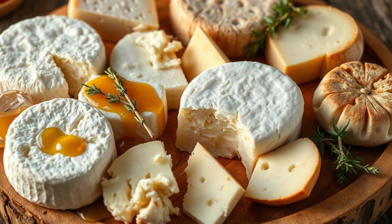 A close-up shot of various types of Italian goat cheese, artfully arranged on a rustic wooden board. The cheeses have a natural, creamy texture and a range of hues from snow-white to pale yellow. Soft, crumbly specimens nestle next to firm, aged rounds with distinct rind patterns. Drizzles of golden honey and sprigs of aromatic herbs add visual interest and a sense of freshness. Warm, diffused lighting from the side gently illuminates the composition, highlighting the nuanced textures and shapes of the formaggi di capra. The overall scene conveys a sense of artisanal craftsmanship and the healthful, digestible qualities of these traditional Italian dairy products. A close-up shot of various types of Italian goat cheese, artfully arranged on a rustic wooden board. The cheeses have a natural, creamy texture and a range of hues from snow-white to pale yellow. Soft, crumbly specimens nestle next to firm, aged rounds with distinct rind patterns. Drizzles of golden honey and sprigs of aromatic herbs add visual interest and a sense of freshness. Warm, diffused lighting from the side gently illuminates the composition, highlighting the nuanced textures and shapes of the formaggi di capra. The overall scene conveys a sense of artisanal craftsmanship and the healthful, digestible qualities of these traditional Italian dairy products.