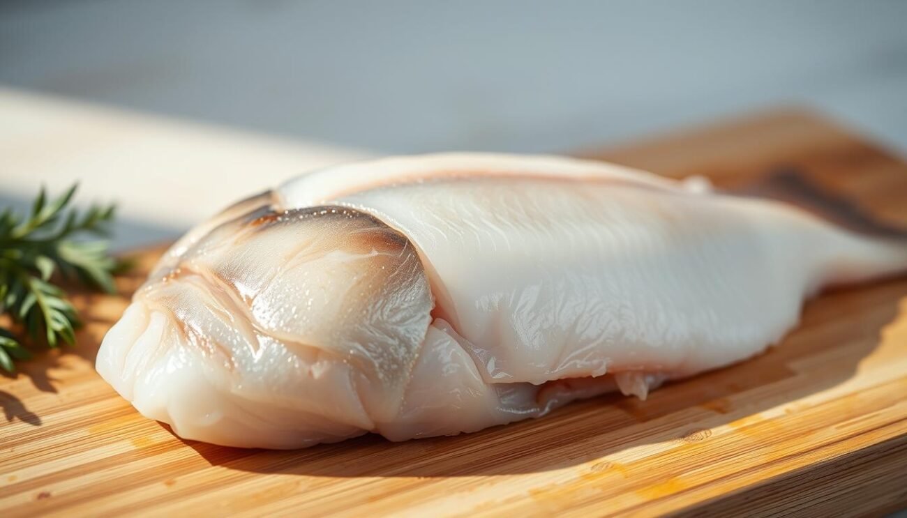 A close-up view of a fresh, glistening fish fillet on a wooden cutting board. The fish has a delicate, flaky texture and a vibrant, silvery-white color. The lighting is soft and natural, casting subtle shadows that accentuate the fish's contours. The background is slightly blurred, creating a clean, minimalist composition that draws the viewer's focus to the centerpiece. The overall mood is serene and appetizing, capturing the essence of a healthy, high-quality protein source suitable for weight-loss diets.