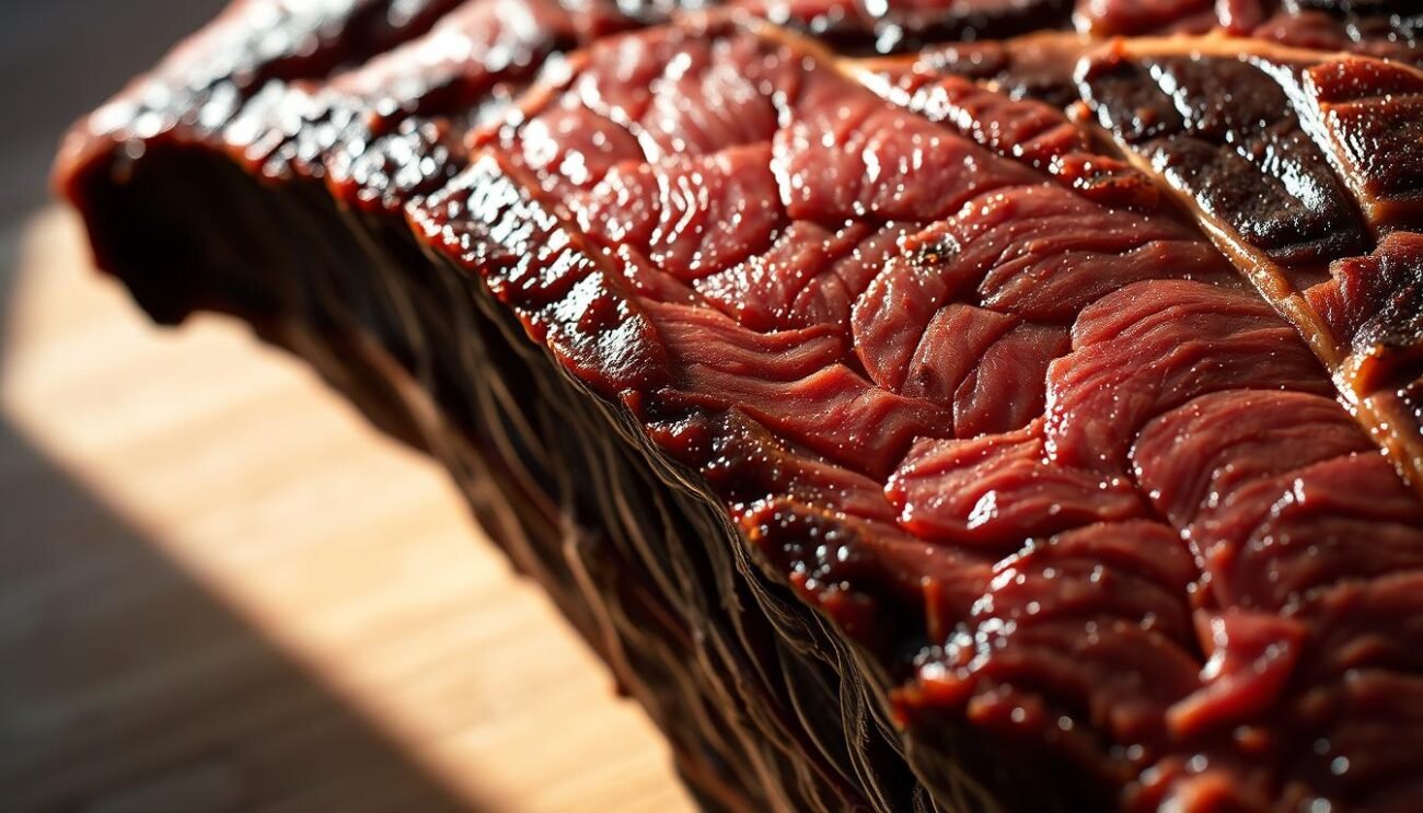 A close-up view of a juicy, tender cut of meat, its surface glistening with a rich, mahogany-colored crust. The light casts dramatic shadows, accentuating the intricate marbling and the supple, yielding texture of the meat. The background is a simple, minimalist setting, allowing the focus to remain on the captivating presentation of the "frollatura della carne". The image conveys a sense of artistry and craftsmanship, hinting at the care and expertise involved in the aging process that gives this meat its unique flavor and texture.
