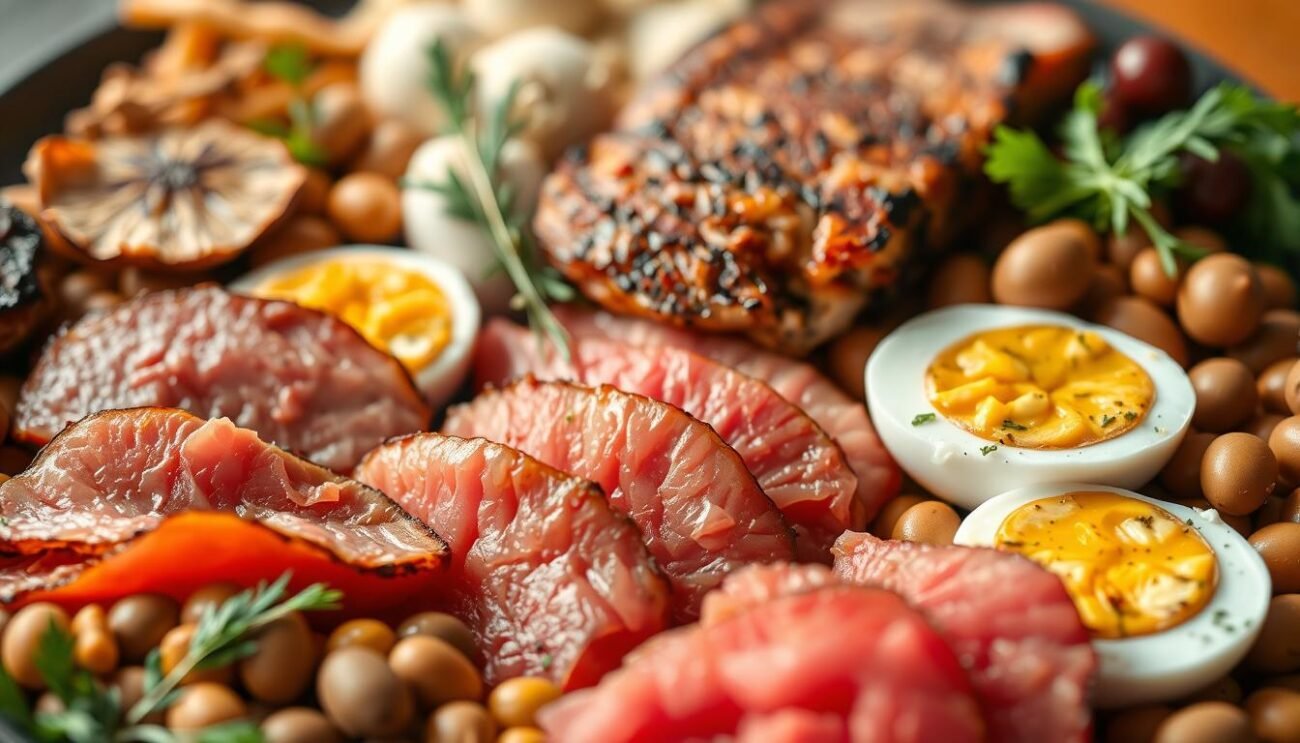 A close-up view of a variety of different protein-rich foods, including slices of lean red meat, grilled poultry, eggs, and legumes, arranged in a visually appealing composition. The image is lit with warm, natural lighting, giving it a cozy, inviting atmosphere. The focus is on the textures and colors of the various protein sources, highlighting their nutritional value and the essential role they play in supporting athletic performance and overall wellbeing. The background is slightly blurred, keeping the emphasis on the central subject matter.