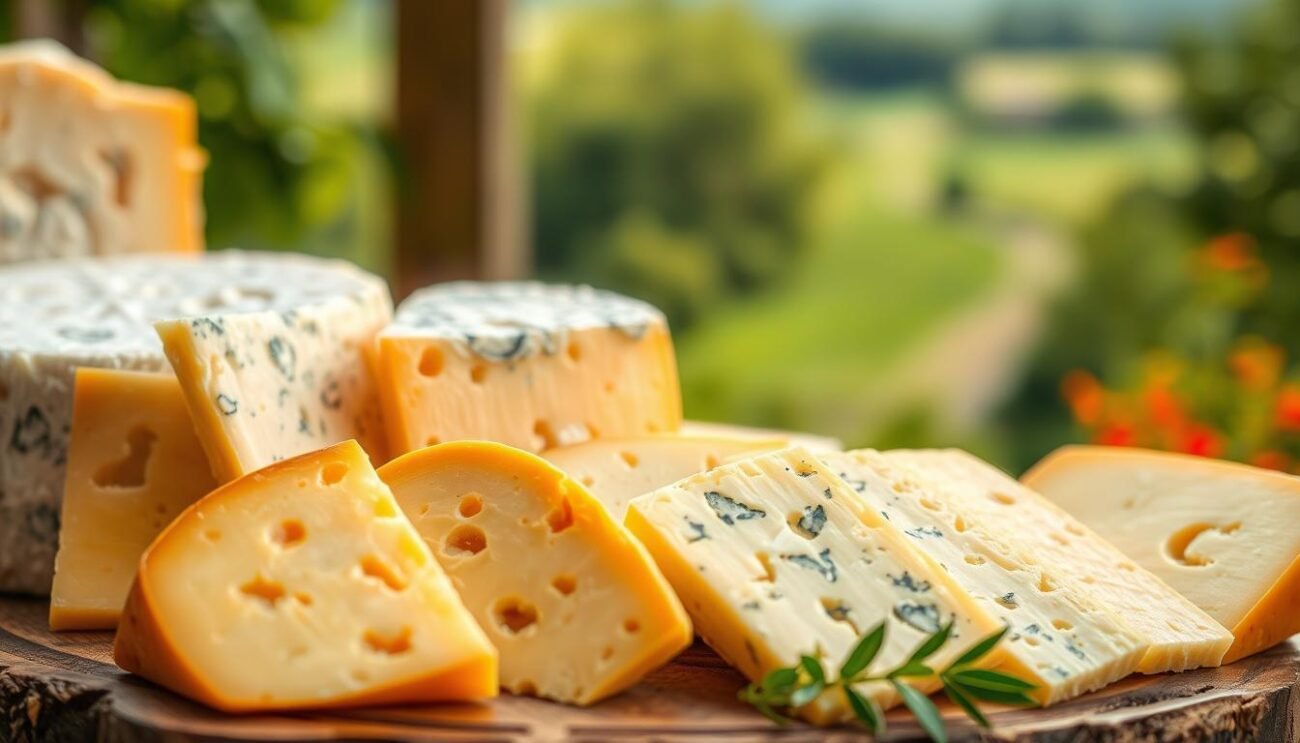A closeup image of various types of traditional Italian cheese slices arranged on a rustic wooden board, with soft lighting that highlights the rich, creamy textures and distinctive patterns of the cheese. The cheeses are displayed in the foreground, with a blurred background of a vibrant, verdant Italian countryside landscape. The image conveys a sense of artisanal craftsmanship, the nobility of these dairy products, and the health benefits associated with their high-quality proteins.