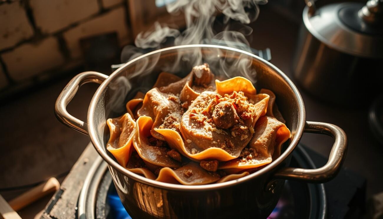 A copper pot simmers over a flickering flame, the rich aroma of Cima alla Genovese wafting through the air. Inside, layers of tender meat, vegetables, and delicate breadcrumbs meld together, the slow-cooked filling gently pulsing with the rhythm of the heat. Sunlight streams through a nearby window, casting a warm glow on the scene, highlighting the intricate folds and textures of the carefully prepared dish. The image captures the ritual and tradition of this Ligurian specialty, the patience and care required to bring out the depth of flavor in every bite. A copper pot simmers over a flickering flame, the rich aroma of Cima alla Genovese wafting through the air. Inside, layers of tender meat, vegetables, and delicate breadcrumbs meld together, the slow-cooked filling gently pulsing with the rhythm of the heat. Sunlight streams through a nearby window, casting a warm glow on the scene, highlighting the intricate folds and textures of the carefully prepared dish. The image captures the ritual and tradition of this Ligurian specialty, the patience and care required to bring out the depth of flavor in every bite.