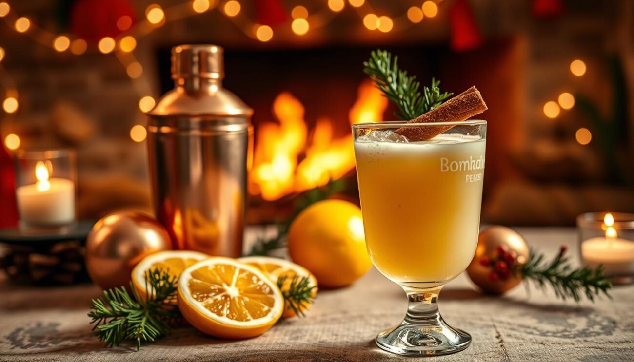 A cozy Italian Christmas cocktail scene, set in a warm, rustic interior. In the foreground, a glass of "Bombardino" - a traditional creamy, egg-based liqueur, garnished with a dusting of toasted cinnamon. The middle ground features a copper cocktail shaker, fresh citrus slices, and a sprig of fragrant evergreen. In the background, the soft glow of fairy lights and a fireplace offer a comforting ambiance. The image evokes the festive spirit of an Italian holiday, with attention to the artisanal preparation and rich, comforting flavors of a seasonal cocktail. A cozy Italian Christmas cocktail scene, set in a warm, rustic interior. In the foreground, a glass of "Bombardino" - a traditional creamy, egg-based liqueur, garnished with a dusting of toasted cinnamon. The middle ground features a copper cocktail shaker, fresh citrus slices, and a sprig of fragrant evergreen. In the background, the soft glow of fairy lights and a fireplace offer a comforting ambiance. The image evokes the festive spirit of an Italian holiday, with attention to the artisanal preparation and rich, comforting flavors of a seasonal cocktail.