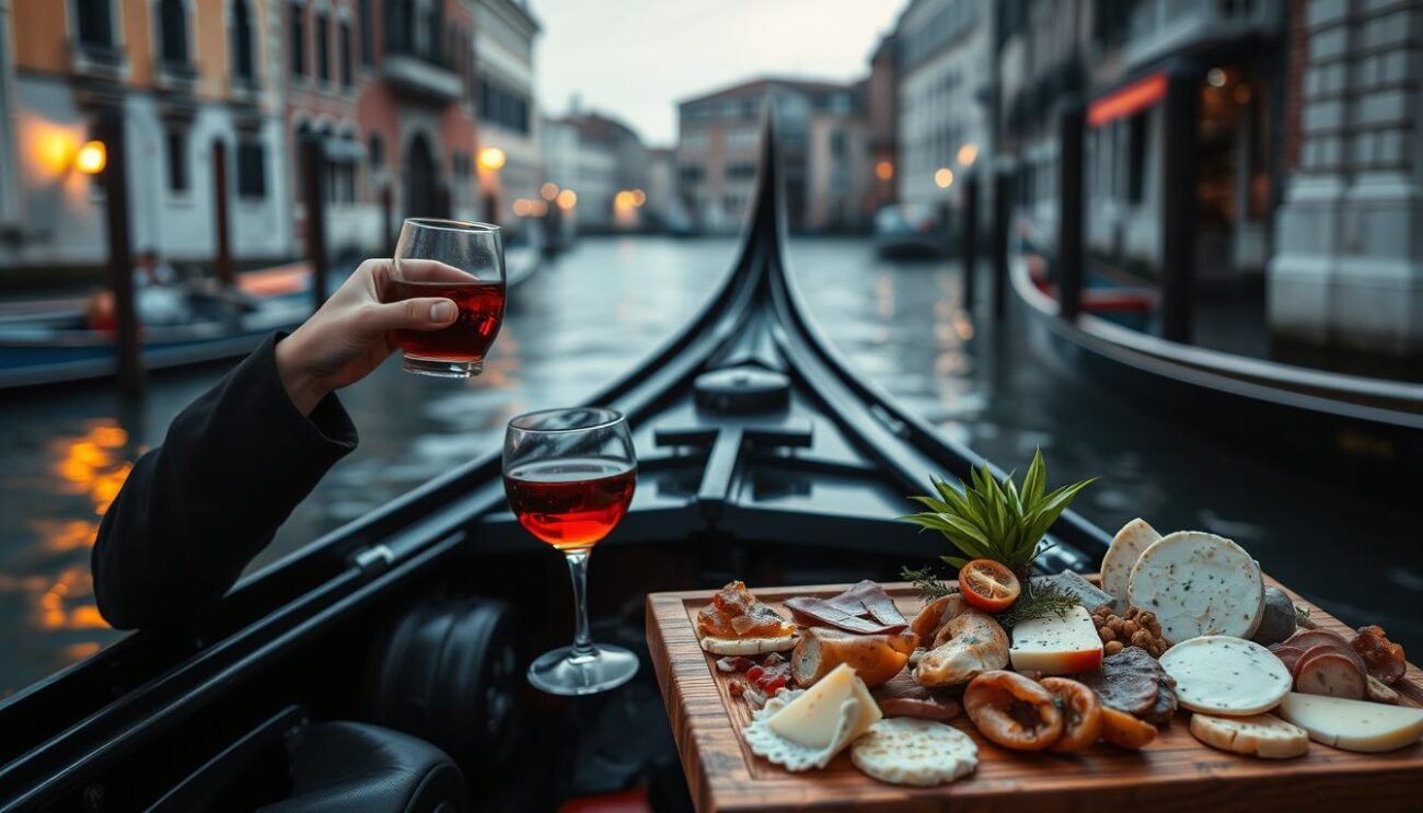 A cozy Venetian gondola drifting along the serene canals, its occupants savoring a glass of rich, amber-hued vermouth. Alongside, a tantalizing array of traditional Venetian cicchetti - bite-sized delicacies like fresh seafood, cured meats, and delicate cheese - arrayed artfully on a wooden tray. The soft, filtered light of the city casts a warm, inviting glow, evoking the timeless atmosphere of la Serenissima. The scene is a harmonious pairing of the classic Venetian aperitivo ritual and the local culinary delights that have defined the city's iconic food culture for centuries.