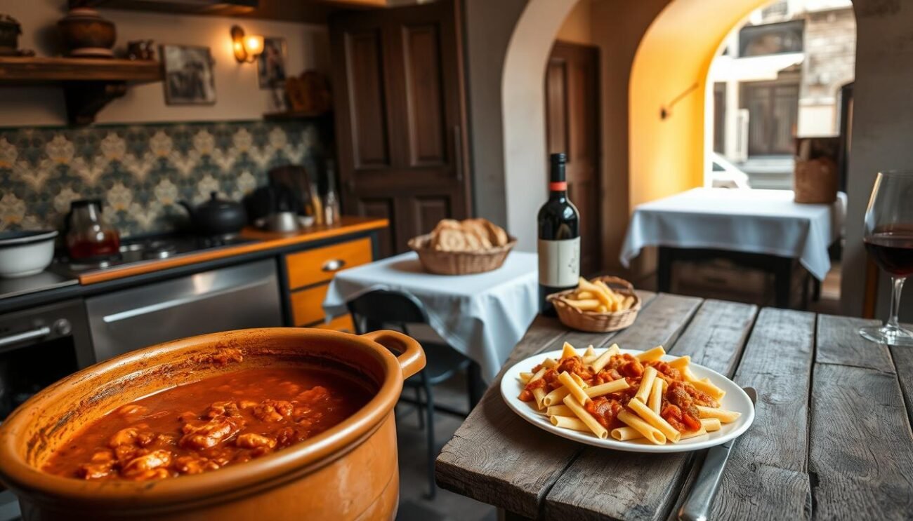 A cozy and inviting kitchen in Naples, Italy, filled with the aroma of simmering ragù. In the foreground, a large terracotta pot simmers with a rich, tomato-based sauce, while a plate of freshly cooked ziti pasta sits nearby. In the middle ground, a weathered wooden table is set with a crisp white tablecloth, a basket of fresh bread, and a bottle of red wine, ready to accompany the traditional Neapolitan dish. The background features the iconic tiled walls and arched doorways that are signature of Neapolitan architecture, casting a warm, golden glow over the scene. The overall atmosphere evokes a sense of timeless tradition and the vibrant culinary heritage of Naples. A cozy and inviting kitchen in Naples, Italy, filled with the aroma of simmering ragù. In the foreground, a large terracotta pot simmers with a rich, tomato-based sauce, while a plate of freshly cooked ziti pasta sits nearby. In the middle ground, a weathered wooden table is set with a crisp white tablecloth, a basket of fresh bread, and a bottle of red wine, ready to accompany the traditional Neapolitan dish. The background features the iconic tiled walls and arched doorways that are signature of Neapolitan architecture, casting a warm, golden glow over the scene. The overall atmosphere evokes a sense of timeless tradition and the vibrant culinary heritage of Naples.