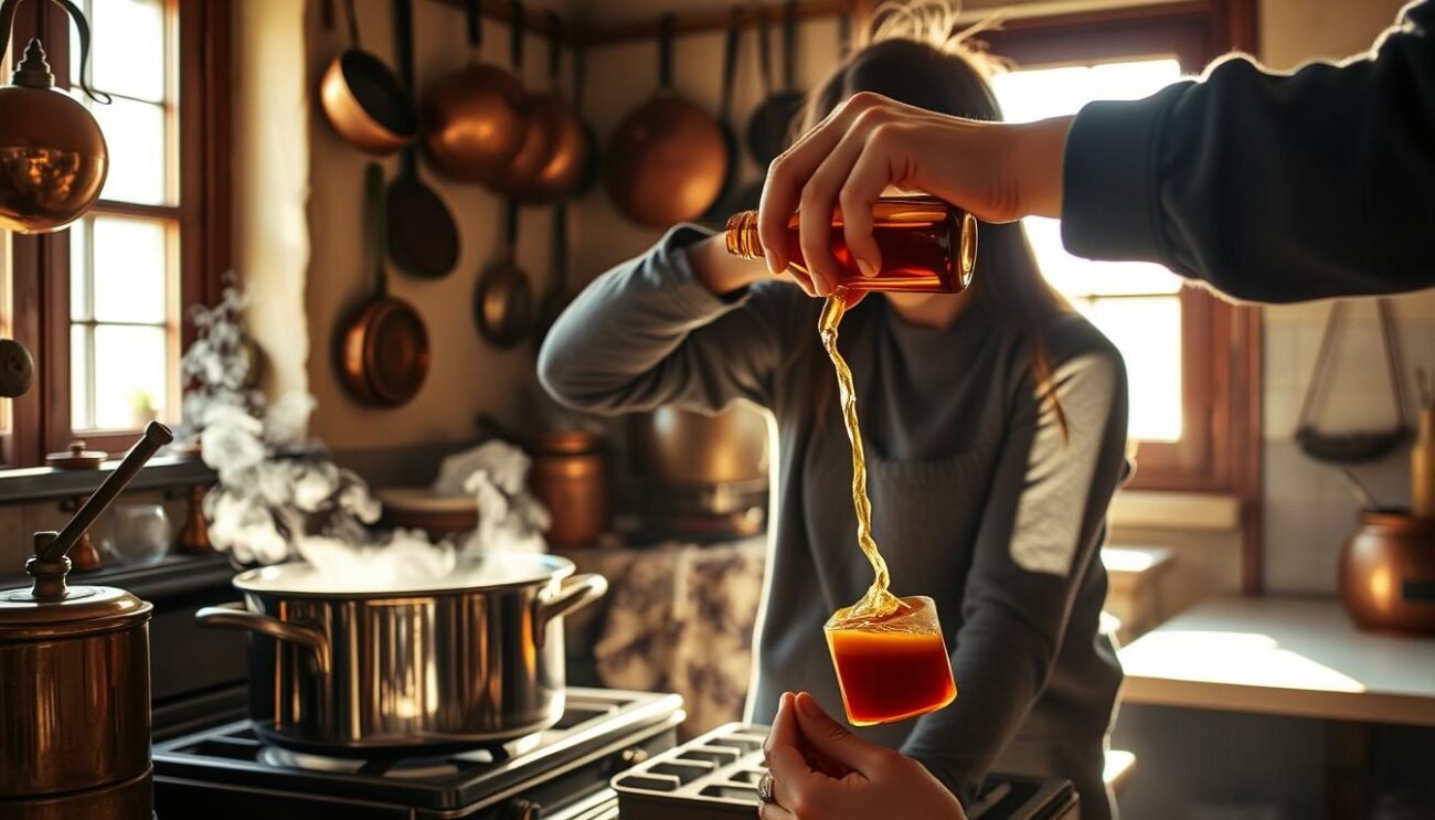 A cozy and rustic Italian kitchen scene, with a large pot simmering on a vintage stove, steam rising gently. Sunlight filters through the window, casting a warm glow on the copper pots and pans hanging on the walls. In the foreground, a person carefully pours a rich, amber-colored liquid from a bottle into the pot, their face obscured as they focus intently on the infusion process. The air is thick with the earthy aroma of walnuts and the tang of vinegar, hinting at the innovative Nocino Emiliano Revolution drink being created. The overall atmosphere is one of tradition, craftsmanship, and culinary innovation.