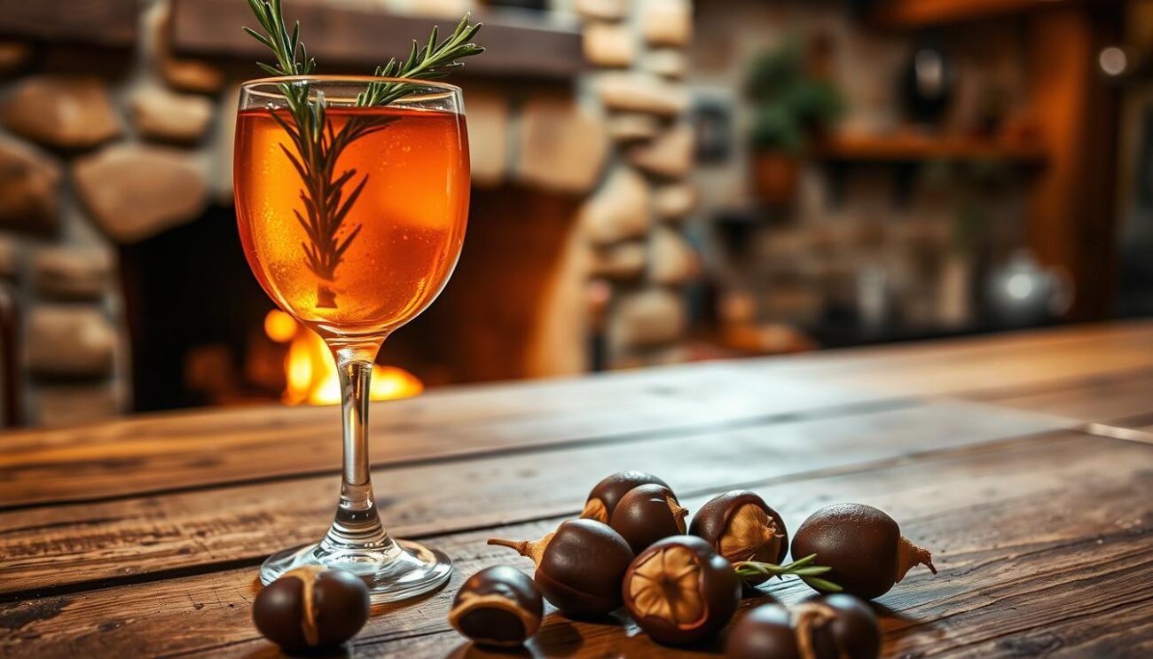 A cozy autumn cocktail set against a warm, inviting backdrop. A glass filled with an amber-hued liquid, accented with a sprig of fragrant rosemary and a glistening drizzle of honey. In the foreground, a scattering of toasted chestnuts and a few sprigs of dried foliage, hinting at the flavors to come. The middle ground features a wooden bar top, weathered and worn, framed by a stone fireplace casting a soft, flickering glow. The background reveals a rustic, Italian-inspired interior, with exposed beams and a hint of terracotta tile. Soft, diffused lighting creates an intimate, autumnal atmosphere, inviting the viewer to savor the flavors of the season.