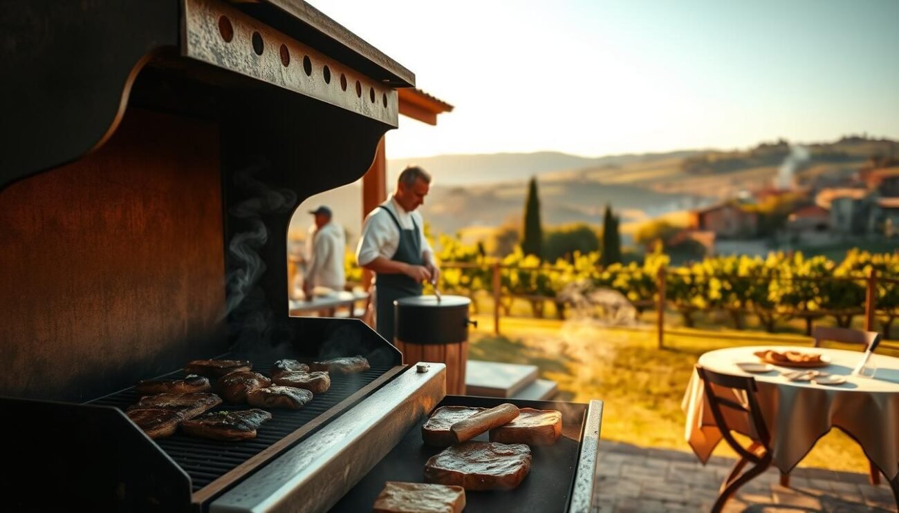 A cozy backyard scene with a traditional Italian-style barbecue grill emitting fragrant wisps of smoke. In the foreground, an artisanal wood-fired grill sizzles with marinated meat, while in the middle ground, a seasoned chef carefully tends to the slow-cooking process. The background features a picturesque Italian countryside landscape, with rolling hills, lush vineyards, and a quaint farmhouse in the distance. The lighting is warm and golden, casting a soft, inviting glow over the entire scene. The atmosphere is one of rustic charm, evoking the rich culinary traditions of Italy and the joy of gathering around the table to share a delicious, slow-smoked meal.