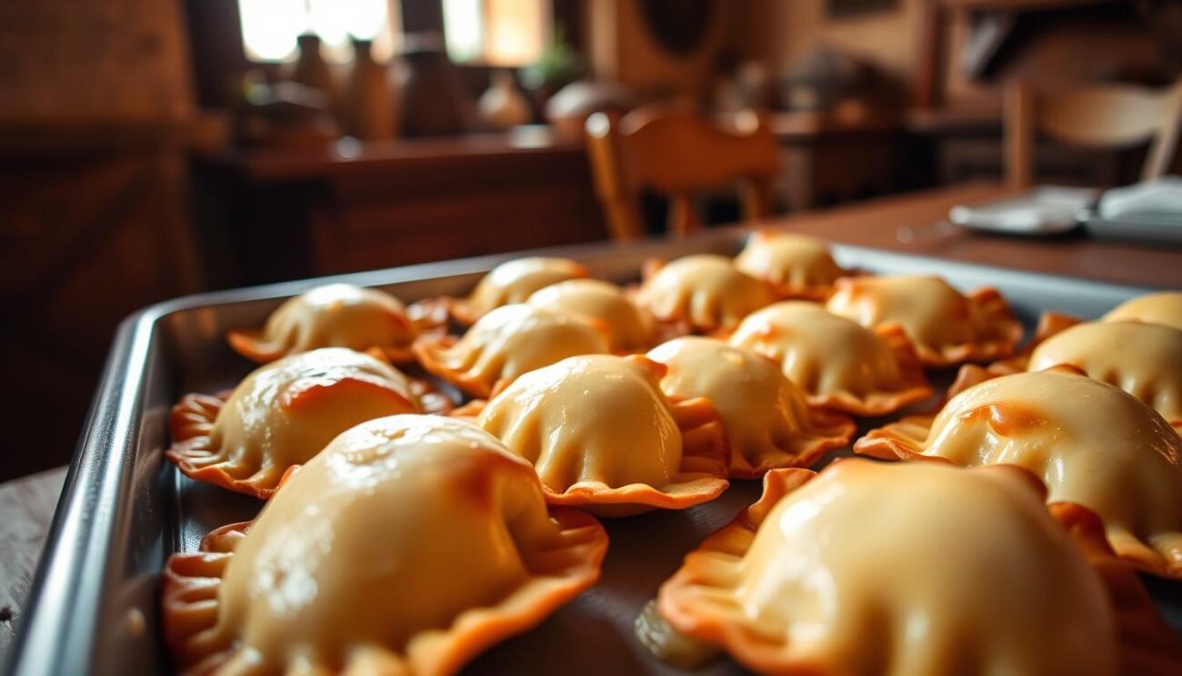 A cozy interior, bathed in warm lighting, showcases a tray of freshly baked "calcioni di ricotta" - sweet Molisan ravioli filled with creamy ricotta. The delicate pastry, golden-brown on the edges, glistens with a light glaze, inviting a closer look. In the background, a rustic wooden table sets the stage, hinting at the rich culinary traditions of the Molisan hinterland, a hidden treasure trove of authentic flavors. The scene exudes a sense of comfort and homespun charm, capturing the essence of this cherished regional delicacy.