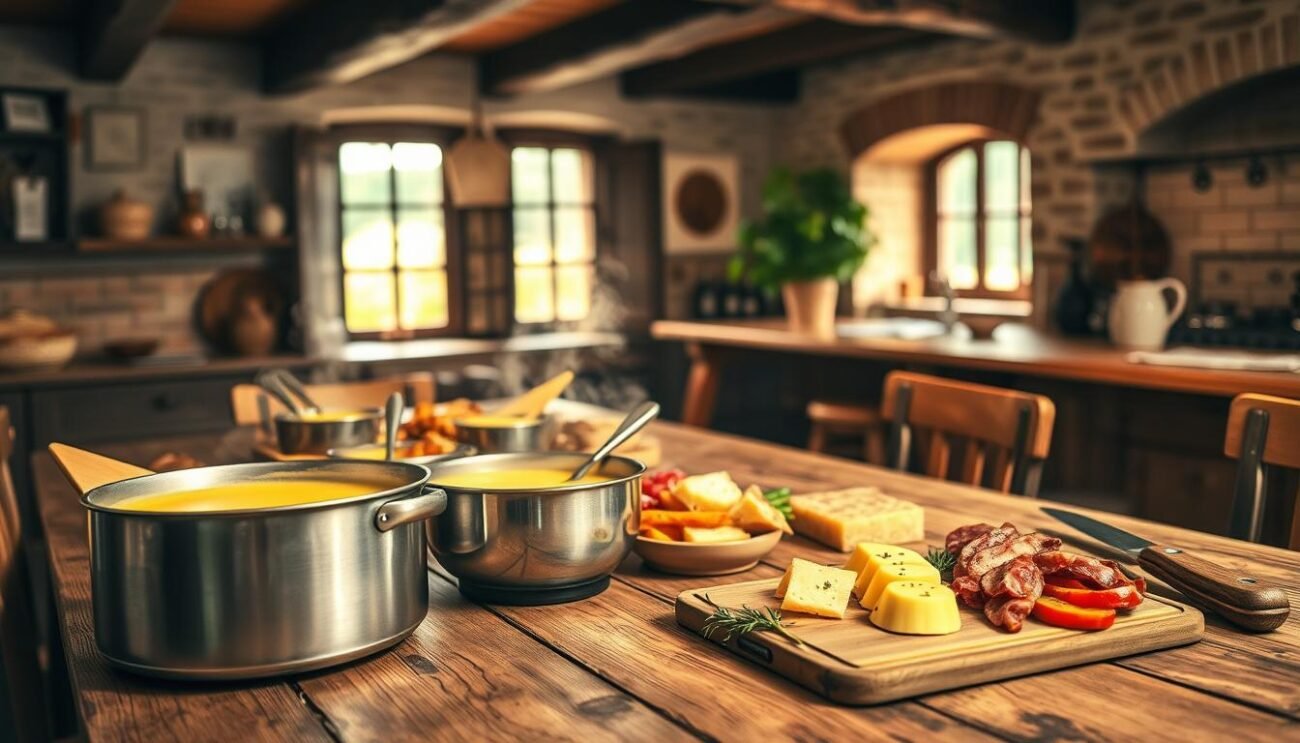 A cozy kitchen scene with a large rustic wooden table, adorned with a variety of creative fonduta recipes. In the foreground, a steaming pot of melted cheese sits alongside an assortment of dipping breads, roasted vegetables, and cured meats. The middle ground features a well-worn cutting board with freshly chopped herbs and spices, while the background showcases a warm, inviting space with exposed beams, terracotta tiles, and a hint of Italian countryside through a nearby window. The lighting is soft and diffused, casting a golden glow over the scene and evoking a sense of comfort and tradition. The overall mood is one of indulgence, hospitality, and the joy of sharing a delicious, communal meal.