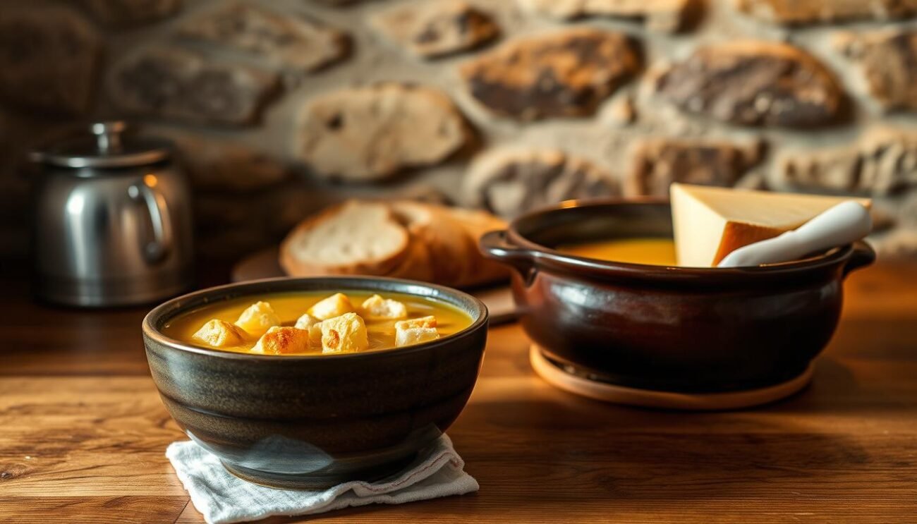 A cozy kitchen scene with a steaming bowl of Seupa Vapelenentse, the traditional Aosta Valley bread and Fontina cheese soup. In the foreground, the hearty soup sits atop a wooden table, its rich, creamy broth dotted with golden croutons. In the middle ground, a crusty loaf of bread and a wedge of Fontina cheese complement the dish. The background features a rustic stone wall, casting a warm, inviting glow over the scene. The lighting is soft and natural, highlighting the comforting textures and flavors of this iconic Alpine dish. The overall mood is one of comfort, tradition, and the joys of a simple, satisfying meal. A cozy kitchen scene with a steaming bowl of Seupa Vapelenentse, the traditional Aosta Valley bread and Fontina cheese soup. In the foreground, the hearty soup sits atop a wooden table, its rich, creamy broth dotted with golden croutons. In the middle ground, a crusty loaf of bread and a wedge of Fontina cheese complement the dish. The background features a rustic stone wall, casting a warm, inviting glow over the scene. The lighting is soft and natural, highlighting the comforting textures and flavors of this iconic Alpine dish. The overall mood is one of comfort, tradition, and the joys of a simple, satisfying meal.