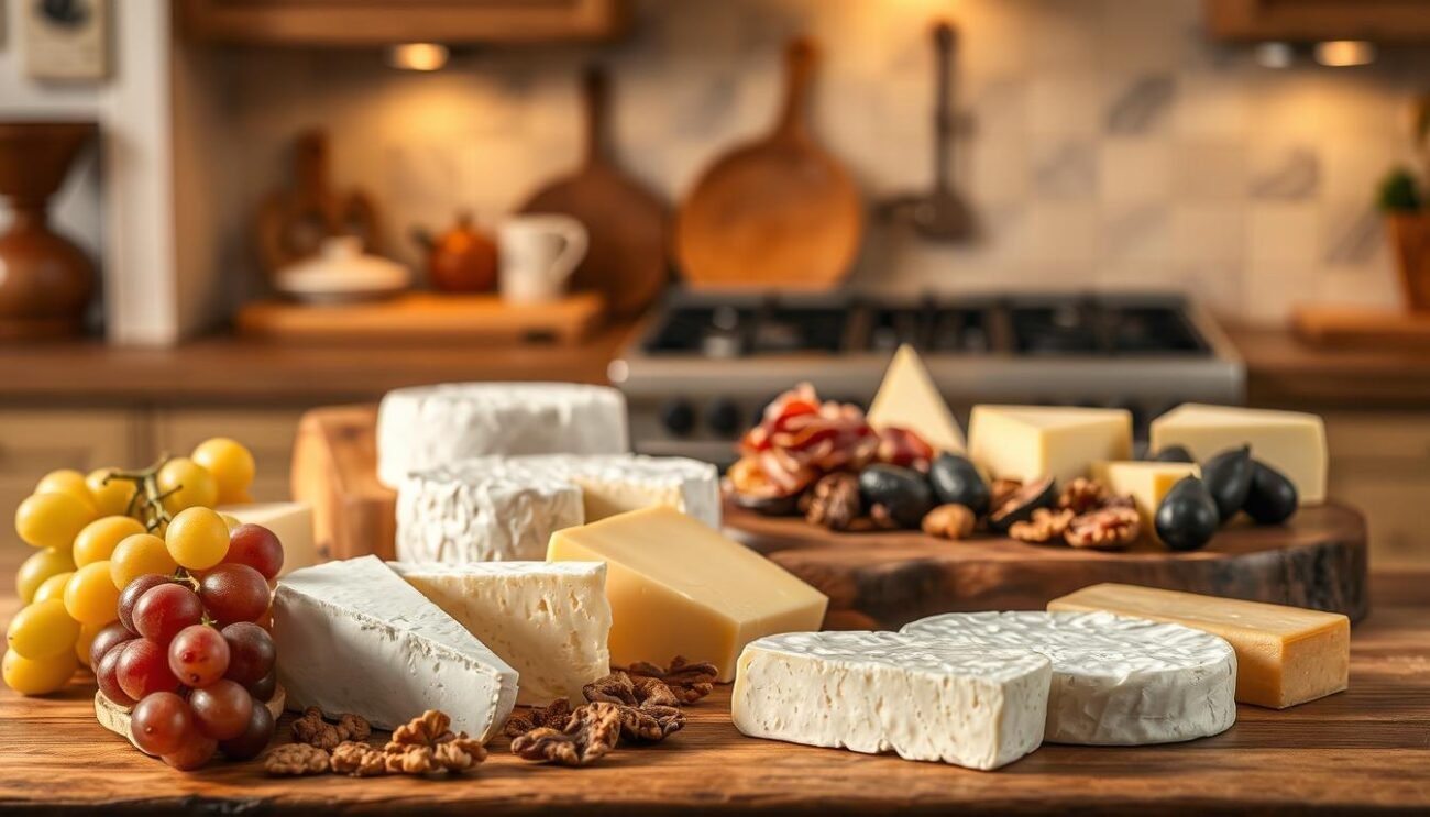 A cozy kitchen setting featuring various types of artisanal cheeses arranged on a rustic wooden table. The lighting is warm and inviting, casting a soft glow over the scene. In the foreground, a selection of different cheeses - from creamy brie to sharp cheddar - are displayed alongside complementary garnishes such as grapes, walnuts, and a crusty bread loaf. The middle ground showcases a charcuterie board with cured meats, olives, and dried figs, while the background features a simple Italian-inspired tile backsplash. The overall atmosphere evokes a sense of relaxation and appreciation for the craft of cheese-making. A cozy kitchen setting featuring various types of artisanal cheeses arranged on a rustic wooden table. The lighting is warm and inviting, casting a soft glow over the scene. In the foreground, a selection of different cheeses - from creamy brie to sharp cheddar - are displayed alongside complementary garnishes such as grapes, walnuts, and a crusty bread loaf. The middle ground showcases a charcuterie board with cured meats, olives, and dried figs, while the background features a simple Italian-inspired tile backsplash. The overall atmosphere evokes a sense of relaxation and appreciation for the craft of cheese-making.