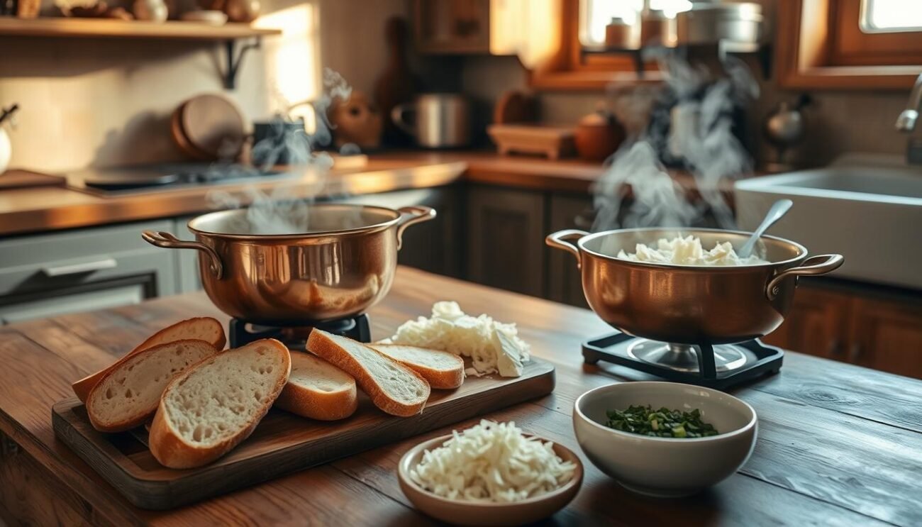A cozy kitchen setting with a large, wooden table in the foreground. On the table, a heavy-bottomed copper pot sits atop a small burner, steam gently rising from the contents. Beside the pot, an assortment of crusty bread slices, freshly grated Parmesan cheese, and a small ceramic bowl filled with finely chopped herbs. The kitchen is bathed in warm, golden light, with soft shadows adding depth and texture. The atmosphere is inviting and anticipatory, setting the stage for the preparation of a delectable Fonduta Piemontese. The camera angle is slightly elevated, providing a clear view of the scene and the steps involved in crafting this classic Italian cheese-based dish.