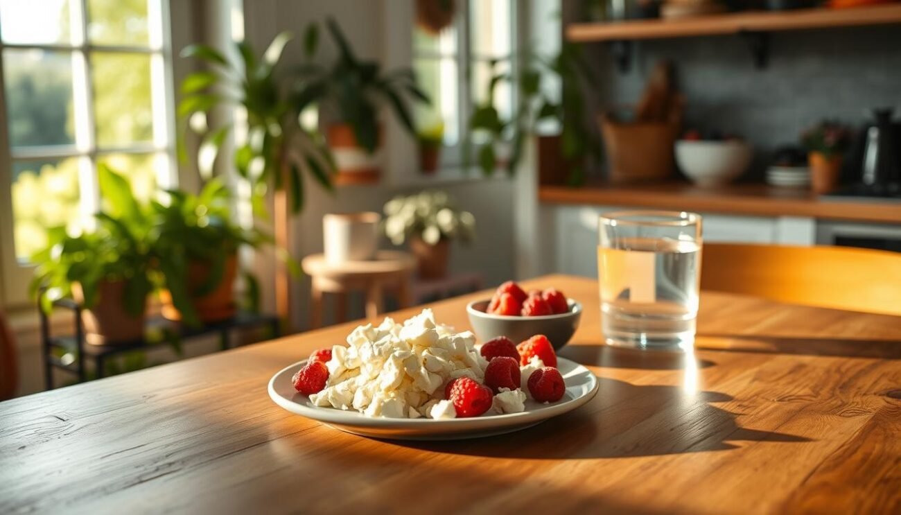 A cozy, well-lit kitchen interior with a wooden table in the foreground. On the table, an assortment of post-workout snacks is arranged, including a plate of crumbled feta cheese, a small bowl of fresh berries, and a glass of water. The lighting is soft and warm, creating a relaxed and inviting atmosphere. The background features natural elements like potted plants and a window overlooking a lush, green garden. The overall scene conveys a sense of balance and nourishment, reflecting the importance of post-exercise recovery and the role that cheese can play in that process. A cozy, well-lit kitchen interior with a wooden table in the foreground. On the table, an assortment of post-workout snacks is arranged, including a plate of crumbled feta cheese, a small bowl of fresh berries, and a glass of water. The lighting is soft and warm, creating a relaxed and inviting atmosphere. The background features natural elements like potted plants and a window overlooking a lush, green garden. The overall scene conveys a sense of balance and nourishment, reflecting the importance of post-exercise recovery and the role that cheese can play in that process.