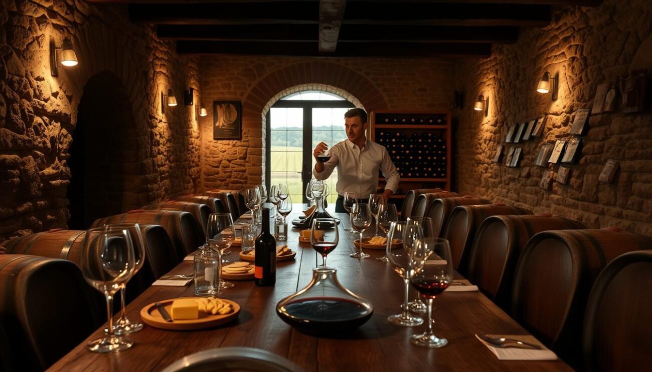 A cozy wine cellar with dimly lit stone walls, wooden barrels, and a long, rustic table set for an intimate wine tasting. In the foreground, a collection of wine glasses, a decanter, and a selection of cheeses and crackers create an inviting atmosphere. The middle ground features a sommelier swirling a glass of red wine, examining its color and legs. Overhead, soft lighting casts a warm glow, setting the tone for a sophisticated and immersive wine tasting experience. The background showcases the rich history and tradition of winemaking, with shelves of aging bottles and a glimpse of vineyards through a distant window.