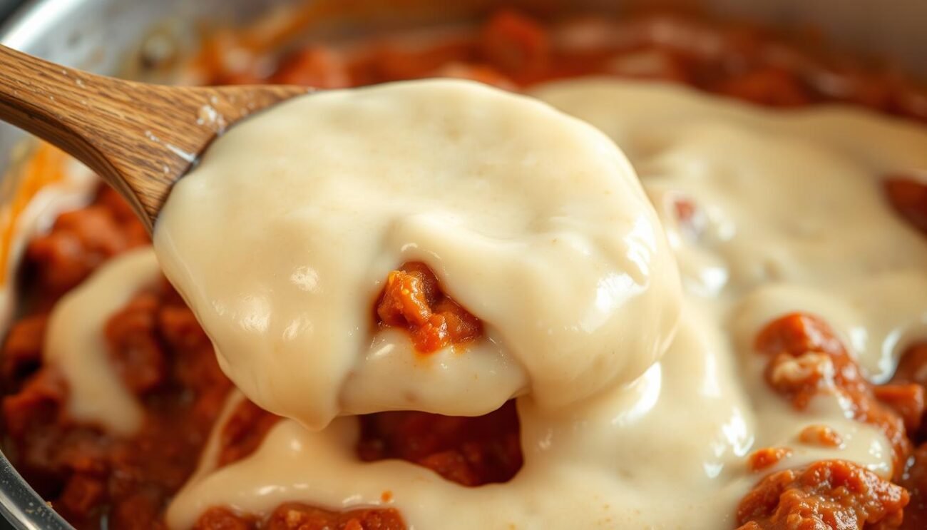 A creamy, luscious besamella sauce, glistening with a rich, velvety texture. Freshly made on the stovetop, slowly simmered to perfection, with a gentle hint of nutmeg. The sauce clings elegantly to a wooden spoon, ready to be poured over tender layers of homemade lasagna. Soft, pillowy white waves of besciamella contrast beautifully against the deep red of the classic Bolognese ragu. Captured in natural lighting, the scene evokes the comforting flavors and aromas of an authentic Emilian kitchen.