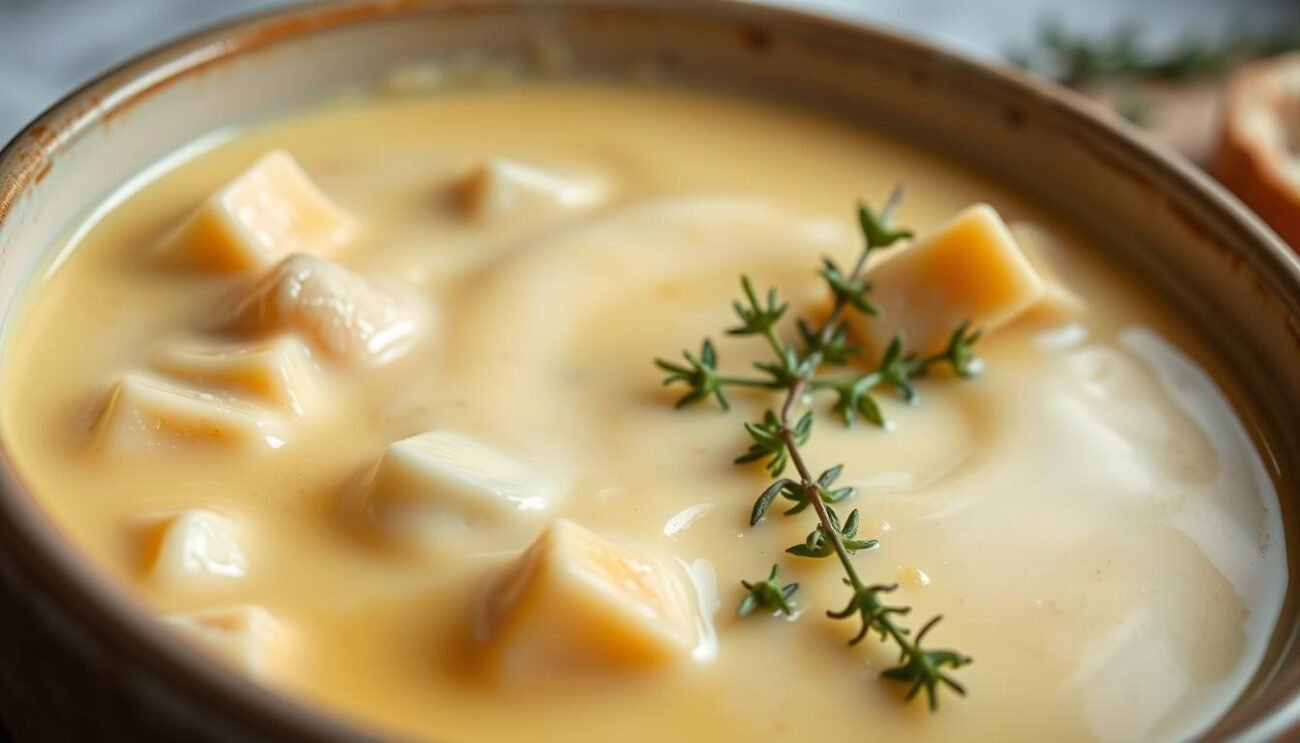 A creamy, luscious fonduta with a rich, velvety texture, gently swirling in a ceramic bowl. Chunks of aged Parmigiano-Reggiano cheese melt effortlessly, blending with a splash of heavy cream and a hint of nutmeg. The aroma is warm and inviting, drawing you in for a taste. A scattering of fresh thyme leaves adds a subtle herbal note, complementing the decadent cheese. Soft, crusty crostini stand ready, waiting to be dipped into the smooth, golden-hued fonduta. Lit by soft, diffused lighting, the scene exudes an intimate, cozy atmosphere, perfect for savoring this classic Piedmontese delicacy.