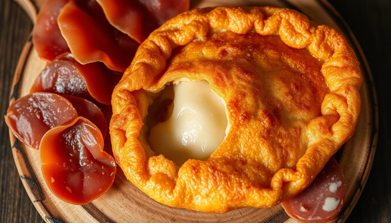 A crisp, golden-brown gnocco fritto sits atop a rustic wooden board, its soft, pillowy interior visible through its delicate, crunchy shell. Surrounding the gnocco are thin slices of savory prosciutto and salami, their deep red hues complementing the warm tones of the fried dough. The lighting is soft and natural, casting a gentle glow over the scene and highlighting the textures of the ingredients. The camera angle is slightly elevated, giving the viewer a birds-eye perspective and emphasizing the careful arrangement of the components. The overall mood is one of simple, rustic elegance, inviting the viewer to imagine the satisfying experience of tearing into the gnocco and pairing it with the cured meats. A crisp, golden-brown gnocco fritto sits atop a rustic wooden board, its soft, pillowy interior visible through its delicate, crunchy shell. Surrounding the gnocco are thin slices of savory prosciutto and salami, their deep red hues complementing the warm tones of the fried dough. The lighting is soft and natural, casting a gentle glow over the scene and highlighting the textures of the ingredients. The camera angle is slightly elevated, giving the viewer a birds-eye perspective and emphasizing the careful arrangement of the components. The overall mood is one of simple, rustic elegance, inviting the viewer to imagine the satisfying experience of tearing into the gnocco and pairing it with the cured meats.