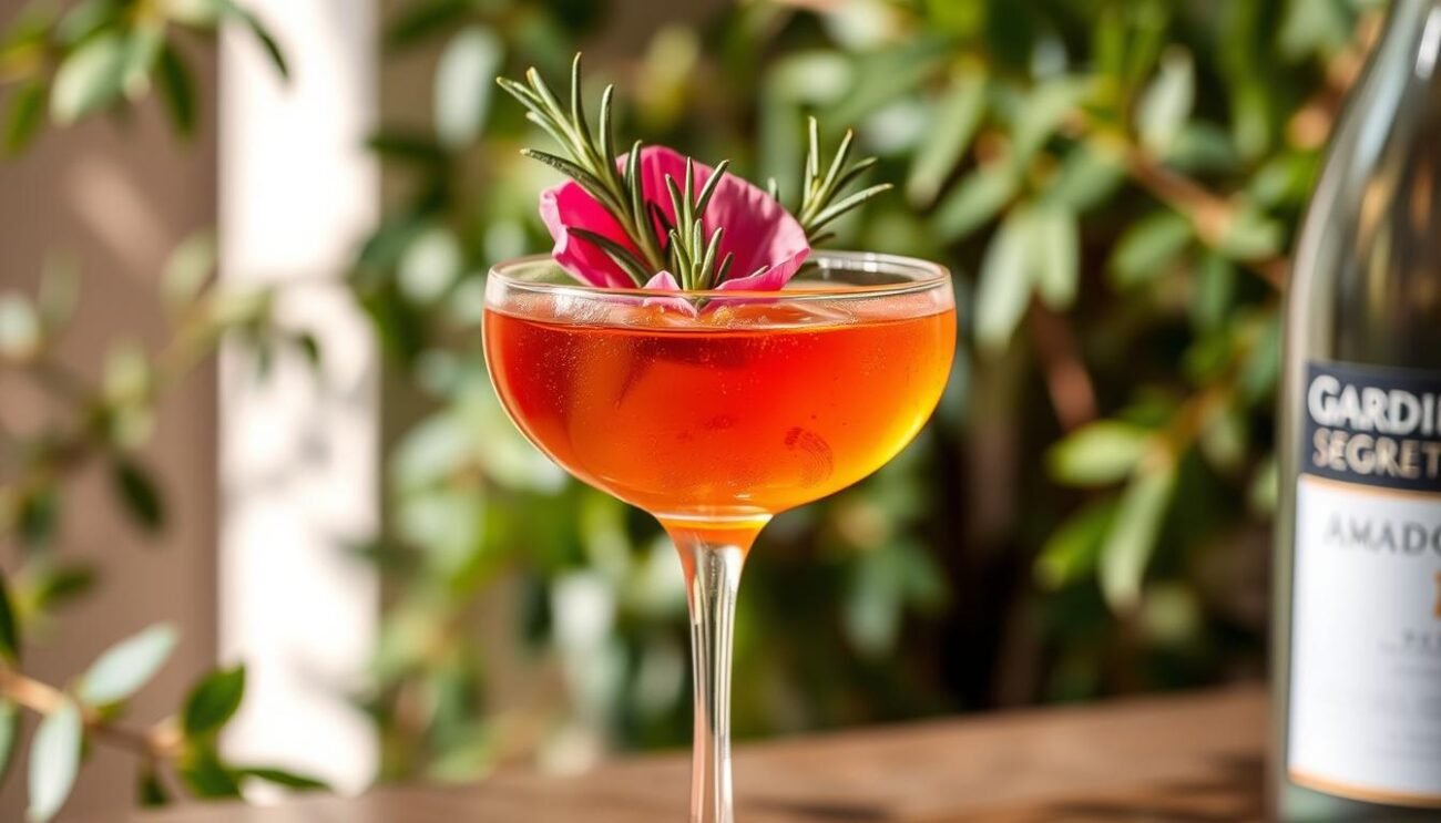 A crystal-clear cocktail glass filled with a vibrant, amber-hued liquid, garnished with a sprig of fresh rosemary and a delicate rose petal, set against a backdrop of lush, verdant foliage and a subtle, warm-toned lighting. The drink appears to be a signature cocktail featuring the Amaro Giardino Segreto, a floral and herbal Italian amaro, blended with aromatic rose water and orange blossom water, creating a captivating and fragrant libation. The overall scene evokes a sense of refined elegance, inviting the viewer to indulge in a unique and sophisticated drinking experience.