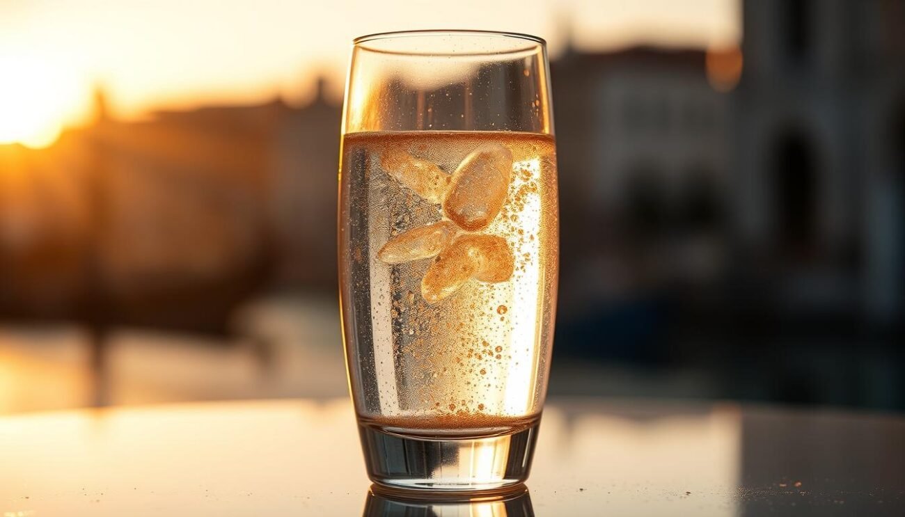 A crystal-clear glass of sparkling water, reflecting the golden hues of a Venetian sunset. Tiny bubbles dance and shimmer, their effervescence capturing the essence of la Soda - the third essential element in a classic Aperitivo Lagunare. Delicate notes of botanical botanicals infuse the liquid, as a dusting of fine gold powder gently settles, imbuing the drink with a touch of celestial opulence. The scene is framed by a sleek, modern glass, its minimalist design echoing the timeless elegance of the Veneto region. Soft, natural lighting accentuates the drink's translucent brilliance, inviting the viewer to savor the refreshing and luxurious experience of this time-honored Venetian tradition. A crystal-clear glass of sparkling water, reflecting the golden hues of a Venetian sunset. Tiny bubbles dance and shimmer, their effervescence capturing the essence of la Soda - the third essential element in a classic Aperitivo Lagunare. Delicate notes of botanical botanicals infuse the liquid, as a dusting of fine gold powder gently settles, imbuing the drink with a touch of celestial opulence. The scene is framed by a sleek, modern glass, its minimalist design echoing the timeless elegance of the Veneto region. Soft, natural lighting accentuates the drink's translucent brilliance, inviting the viewer to savor the refreshing and luxurious experience of this time-honored Venetian tradition.