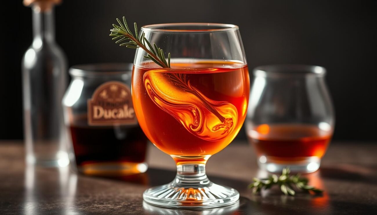 A crystal glass filled with amber-hued Vermouth Ducale, gently swirling to release its aromatic bouquet. Soft lighting casts warm reflections on the glass, highlighting the rich color and viscosity of the aperitif. In the background, a subtle reduction of balsamic vinegar mingles with the vermouth's herbal notes, hinting at the perfect pairing. A delicate sprig of thyme or rosemary rests on the rim, complementing the depth and complexity of this quintessential Italian aperitivo.