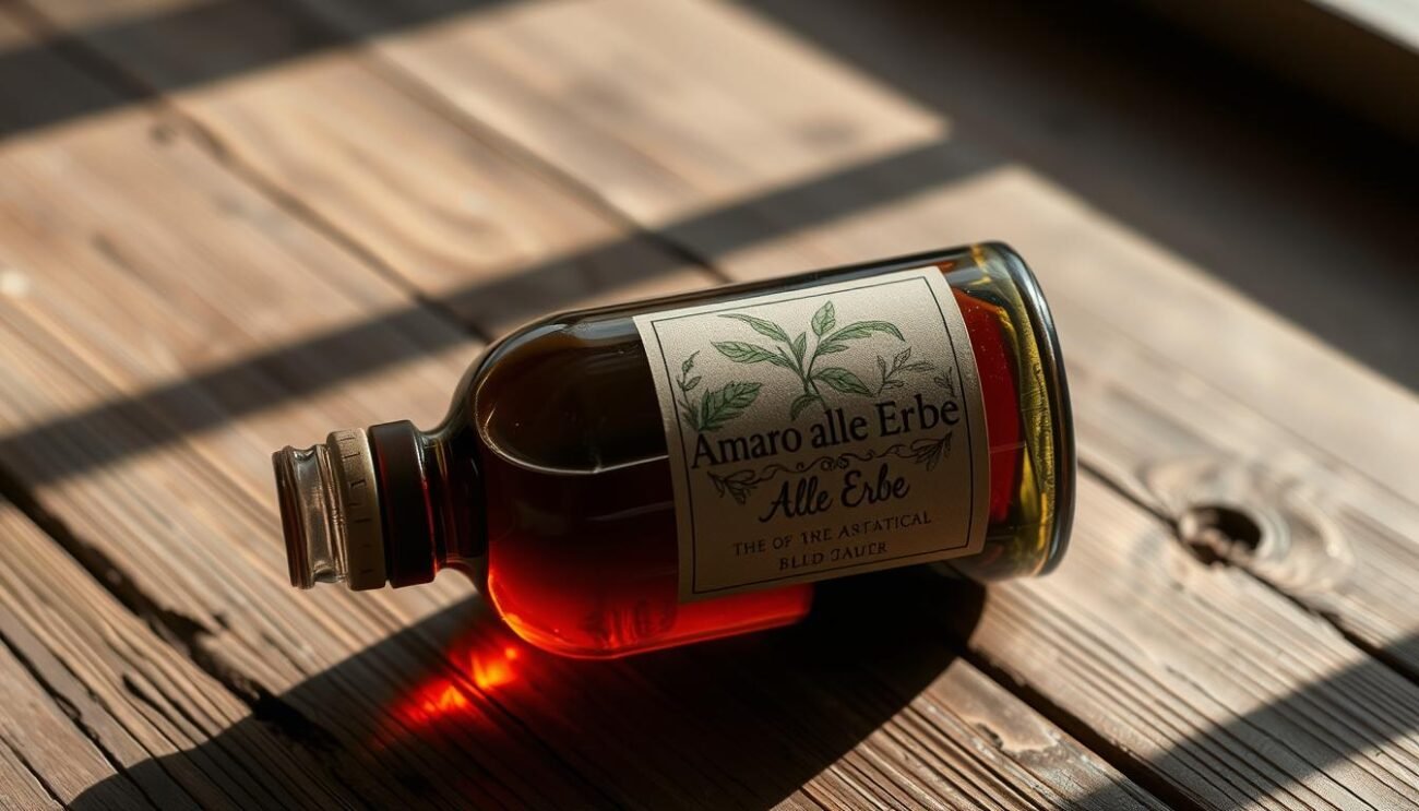 A dark glass bottle filled with a rich, amber-colored liquid rests on a rustic, wooden table. The bottle's label features a hand-drawn illustration of lush, green foliage, hinting at the blend of wild herbs and botanicals within. Soft, natural lighting casts a warm glow, casting shadows that accentuate the bottle's organic, artisanal appearance. The atmosphere is one of simplicity, authenticity, and a hint of mystery, inviting the viewer to imagine the unique flavors and aromas of this "Amaro alle Erbe" - a traditional Italian bitter liqueur crafted with a careful selection of wild, foraged ingredients.