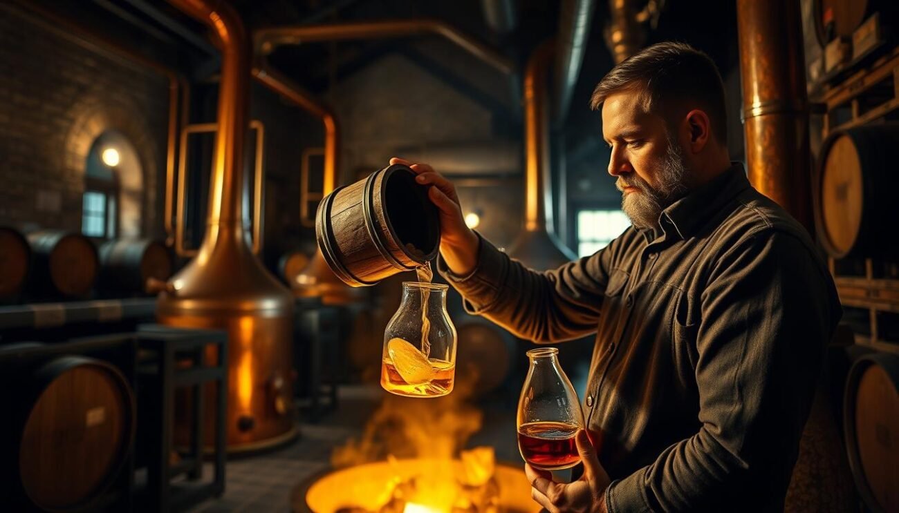 A dark, rustic interior of a distillery, with copper stills and aging barrels lining the walls. The air is thick with the scent of charred oak and the hiss of bubbling liquid. In the foreground, a skilled distiller carefully pours a golden-hued liquid from a wooden bucket into a glass flask, his face illuminated by the warm glow of the fire beneath the still. The scene is bathed in a warm, golden light, casting dramatic shadows and highlighting the intricate details of the traditional production process. The atmosphere is one of reverence and artisanal craftsmanship, reflecting the centuries-old tradition of creating the enigmatic Strega liqueur.