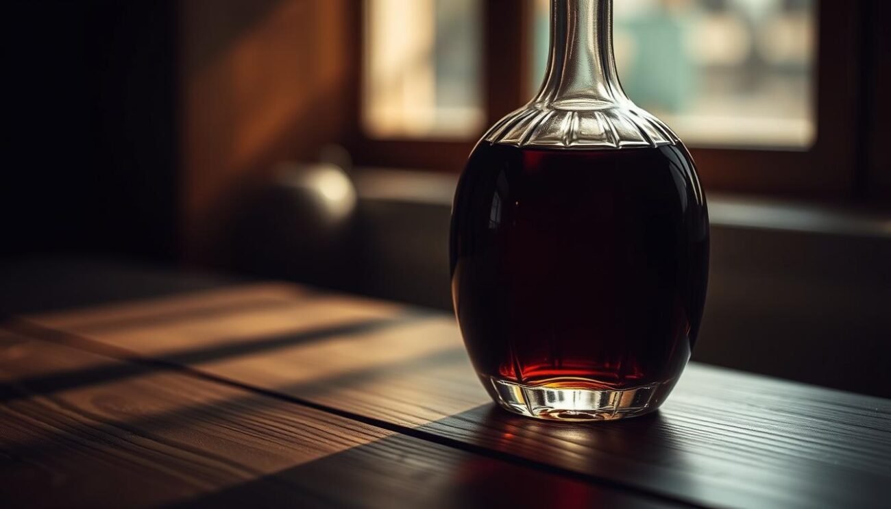 A decorative glass bottle filled with deep amber-colored liquor, its surface gently reflecting the warm lighting above. The bottle is situated on a dark wooden table, casting subtle shadows that accentuate its organic form. The scene exudes a sense of refined simplicity, evoking the meditative and monastic nature of the Amaro Silenzio. A shallow depth of field blurs the background, focusing the viewer's attention on the captivating bottle and its contents. Soft, directional lighting casts dramatic shadows, creating an atmosphere of contemplation and introspection.