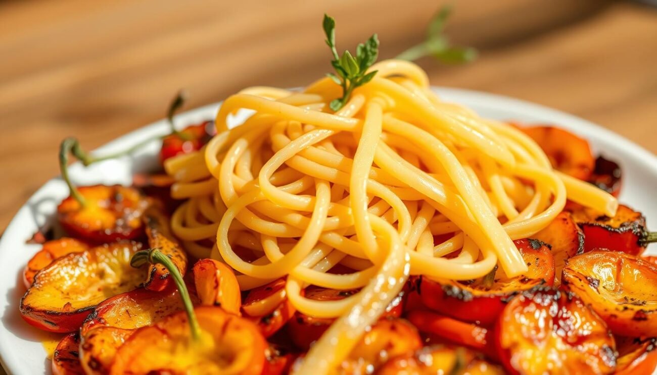 A delectable arrangement of fresh strascinati pasta nestled atop a vibrant bed of roasted and sliced peperone crusco peppers. The pasta glistens with a subtle sheen, each strand meticulously crafted. The peperone crusco, a regional specialty from Senise, radiates a warm, golden hue, its surface lightly charred and crisped to perfection. The composition is framed by a softly blurred background, drawing the viewer's eye to the captivating interplay of textures and colors. Warm, natural lighting casts gentle shadows, accentuating the rustic allure of this authentic Lucanian dish.