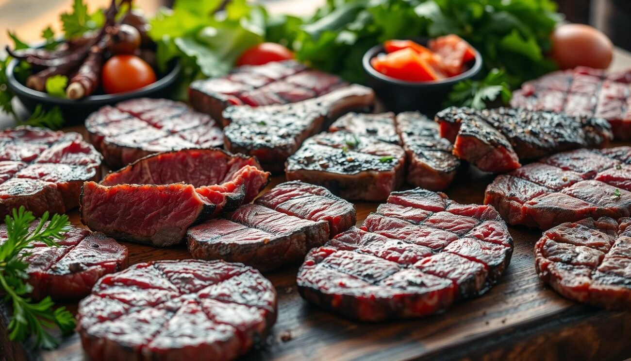 A delectable arrangement of various cuts of juicy, succulent red meat, expertly grilled to perfection. The sizzling steaks, chops, and ground patties are arrayed on a rustic wooden table, capturing the essence of hearty, protein-rich cuisine. Soft, natural lighting casts a warm, inviting glow, highlighting the rich, ruby hues and marbled textures of the meat. In the background, a vibrant array of leafy greens and fresh herbs hint at the nutritional benefits of a balanced, muscle-building diet. The overall composition conveys a sense of culinary mastery, celebrating the power of high-quality meat to support muscular development and physical vitality. A delectable arrangement of various cuts of juicy, succulent red meat, expertly grilled to perfection. The sizzling steaks, chops, and ground patties are arrayed on a rustic wooden table, capturing the essence of hearty, protein-rich cuisine. Soft, natural lighting casts a warm, inviting glow, highlighting the rich, ruby hues and marbled textures of the meat. In the background, a vibrant array of leafy greens and fresh herbs hint at the nutritional benefits of a balanced, muscle-building diet. The overall composition conveys a sense of culinary mastery, celebrating the power of high-quality meat to support muscular development and physical vitality.