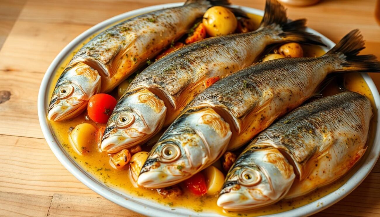 A delectable array of freshly caught fish, glistening in a tantalizing marinade of vinegar, herbs, and spices. The pesce in carpione, a classic dish of the Lodigiano region, sits nestled among aromatic vegetables and seasonings. The fish's flesh is tender and flaky, infused with the sweet-and-sour flavors of the carpione. The scene is captured in warm, natural lighting, showcasing the vibrant colors and textures of this traditional Italian delicacy. A pristine wooden table provides the perfect backdrop, inviting the viewer to savor the flavors and traditions of this captivating regional cuisine.