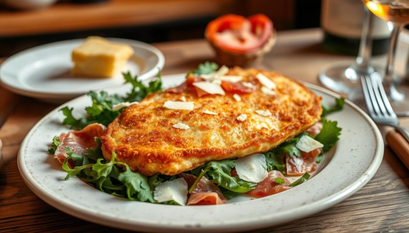 A delectable cotoletta bolognese, freshly prepared in a cozy Italian kitchen. A golden-brown pounded veal cutlet, lightly breaded and fried to perfection, resting atop a bed of crisp greens. Thin slices of prosciutto and shavings of Parmigiano-Reggiano adorn the dish, adding depth and complexity to the flavors. Soft, ambient lighting illuminates the scene, casting a warm, inviting glow. The composition is framed with a rustic, wooden table and simple, yet elegant, tableware, transporting the viewer to a quintessential trattoria in the heart of Bologna.